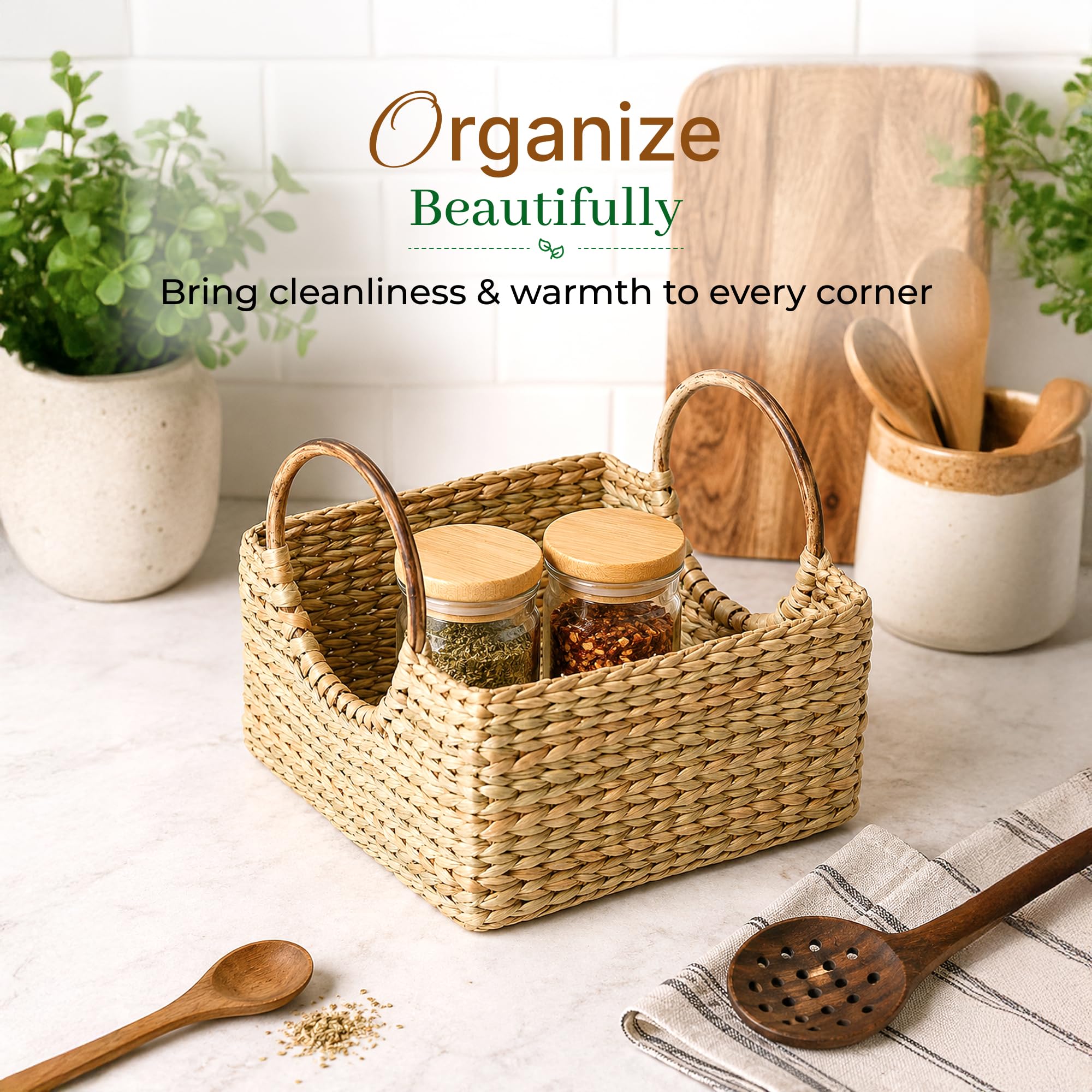 Habere India-All the Cultures Fabricating India Jute Storage Baskets | Cane or Bamboo Basket | Wicker Baskets as Gift Hamper Basket/Wardrobe Basket (Beige, Rectangular 20 * 20 * 12 CM)