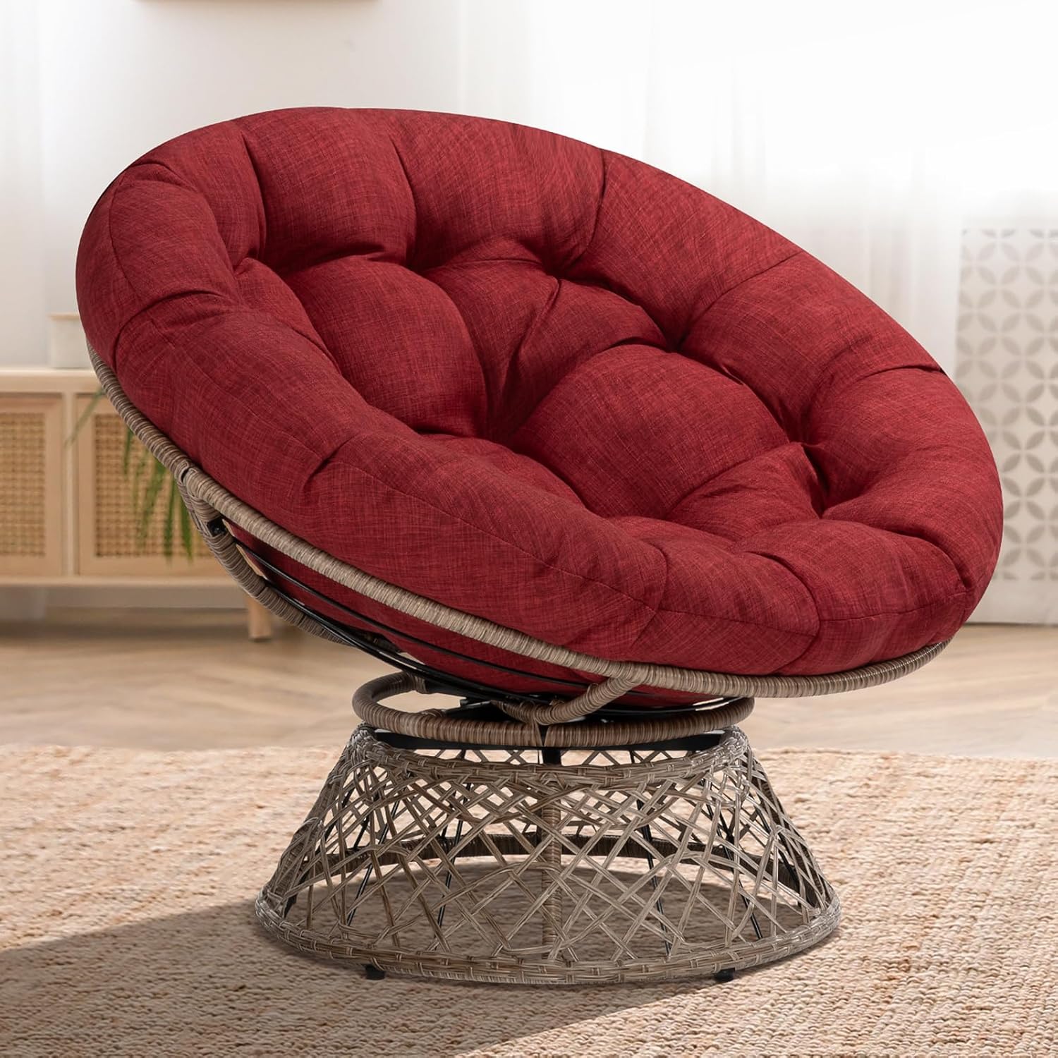 Bme 40" Ergonomic Wicker Papasan Chair with Soft Thick Density Fabric Cushion, High Capacity Steel Frame, 360 Degree Swivel for Living, Bedroom, Reading Room, Lounge, Cherry Sangria-Brown Base Cherry Sangria - Brown Base Classic 40"