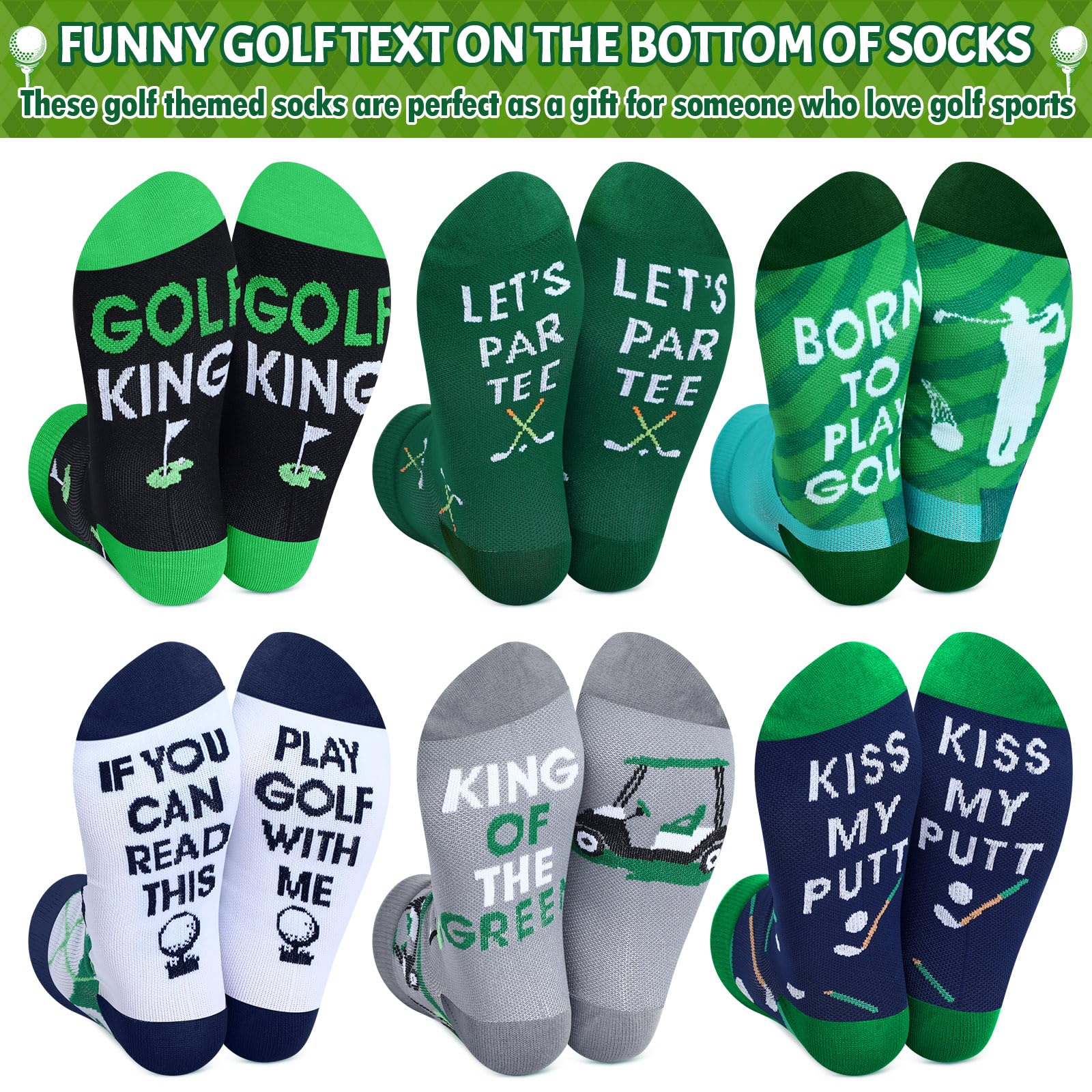 6 pares de calcetines de golf divertidos de compresión de corte bajo, regalos para hombres, fanáticos del deporte, amantes del golf, Verde, gris, azul, negro, blanco, Large