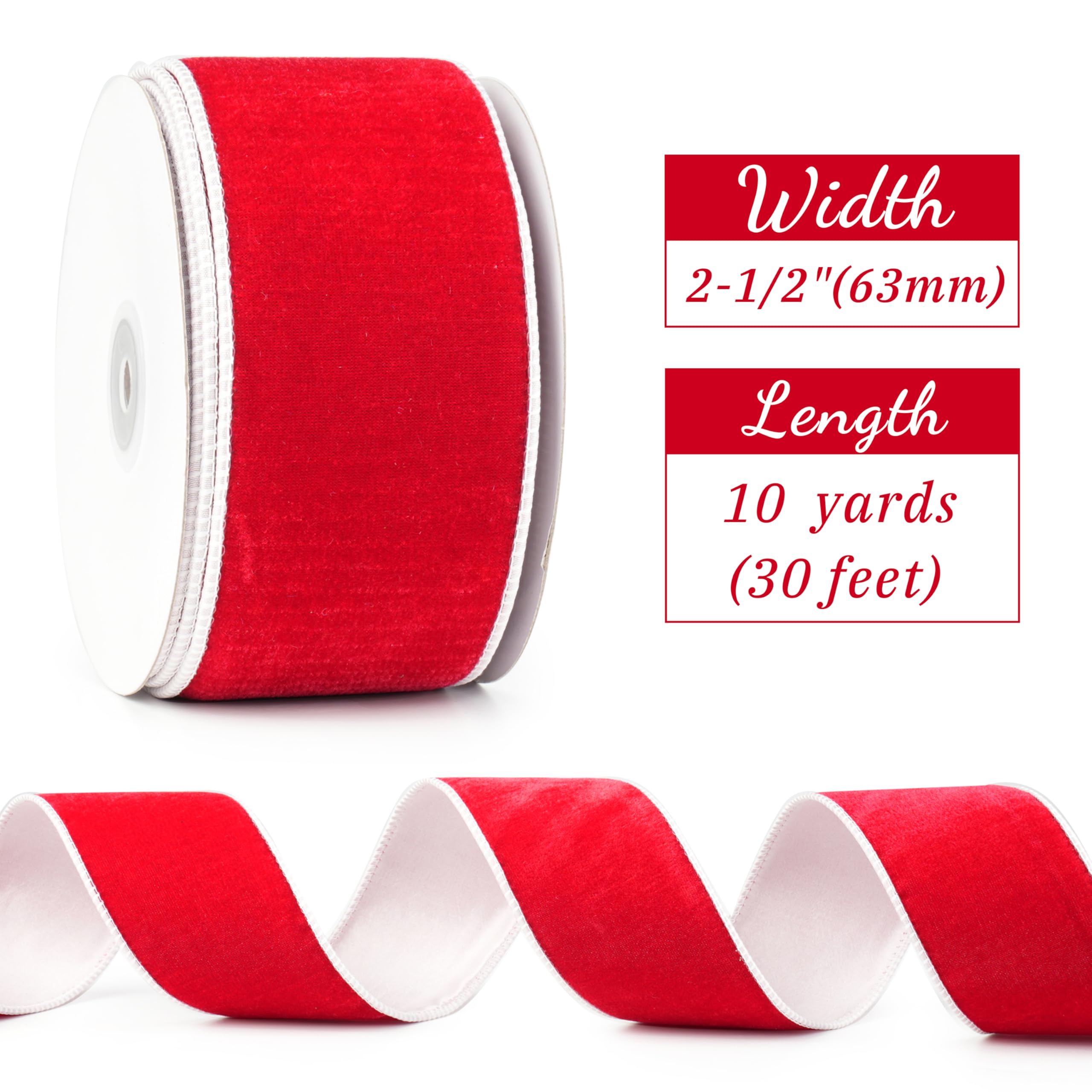 MAYREEL Wendbares französisches Samtband mit Drahtrand, 6,3 cm, zweifarbig, Rot und Weiß, doppelseitiges Design, 9,1 m