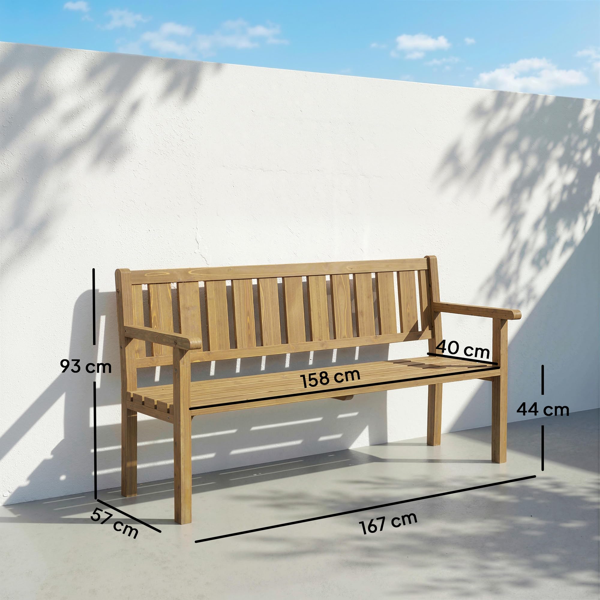 Outsunny Banc de Jardin 3 Places en Bois Solide Banquette d'Extérieur DIY avec Capacité de 360 kg Banc de Terrasse Prêt à Peindre pour Balcon, Porche Teck