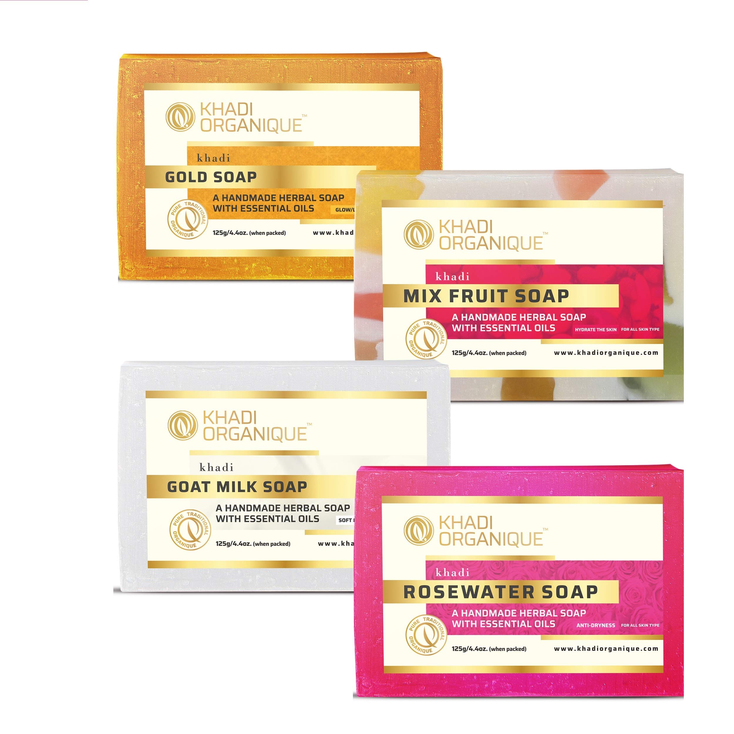 KHADI ORGANIQUEPURE SKIN CLEANSERS combo (1XGold dust soap, 1XGoat Milk Soap, 1XRose water soap, 1XMix fruit Soap) of Handmade Organic Soaps