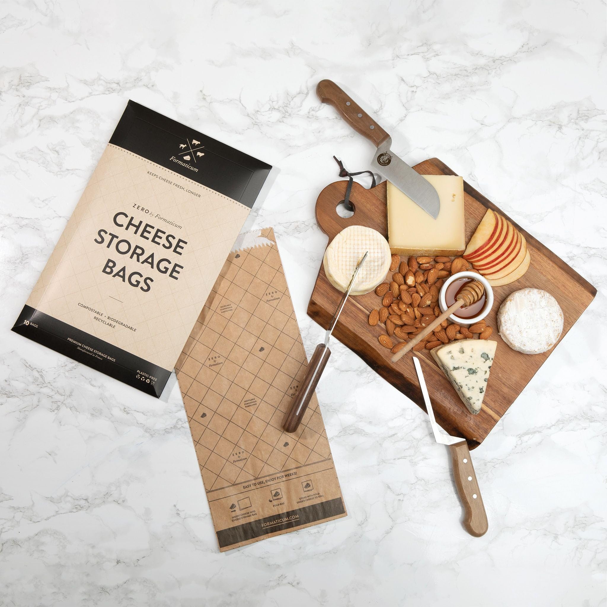 Formaticum Zero Cheese Storage Bags, Biodegradable, Compostable, and Plastic-Free, Professional Grade Bags, Keep Cheese, Sandwiches, and Charcuterie Foods Fresh, 10 Bags (1 Box), Size 6" x 14"
