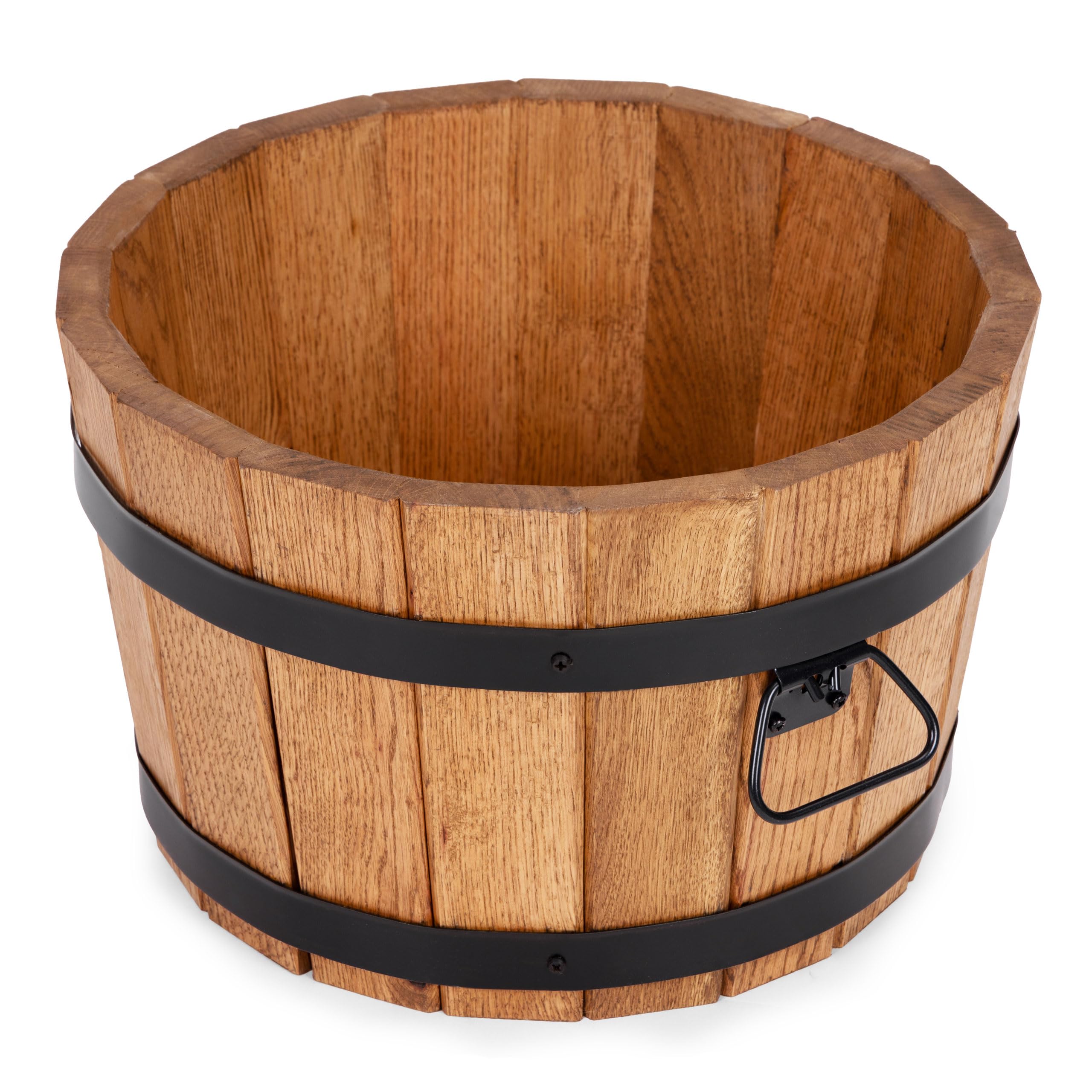 Großer Eichen Holz Blumentopf Runder Garten Pflanzkübel mit Metallringen, Dekoratives Holzfass als Pflanztopf – Wetterfeste Blumenkübel für draußen, Balkon, Terrasse & Garten (Ø50 x H31)