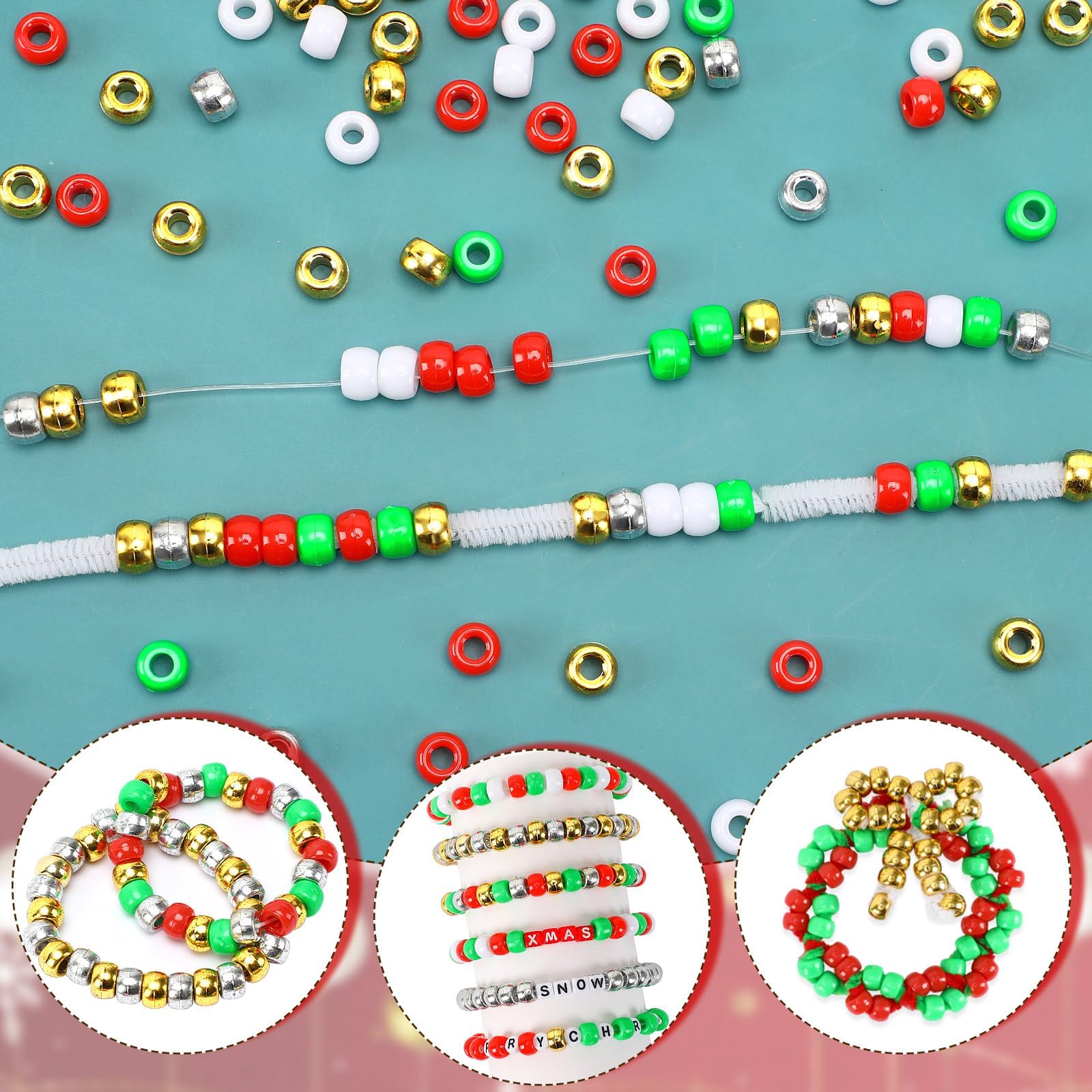 UPINS Christmas Pony Beads - 1200 Pcs Plastic Beads for Jewelry Making - Red, White, Green, Gold, Silver - DIY Crafts - Image 3