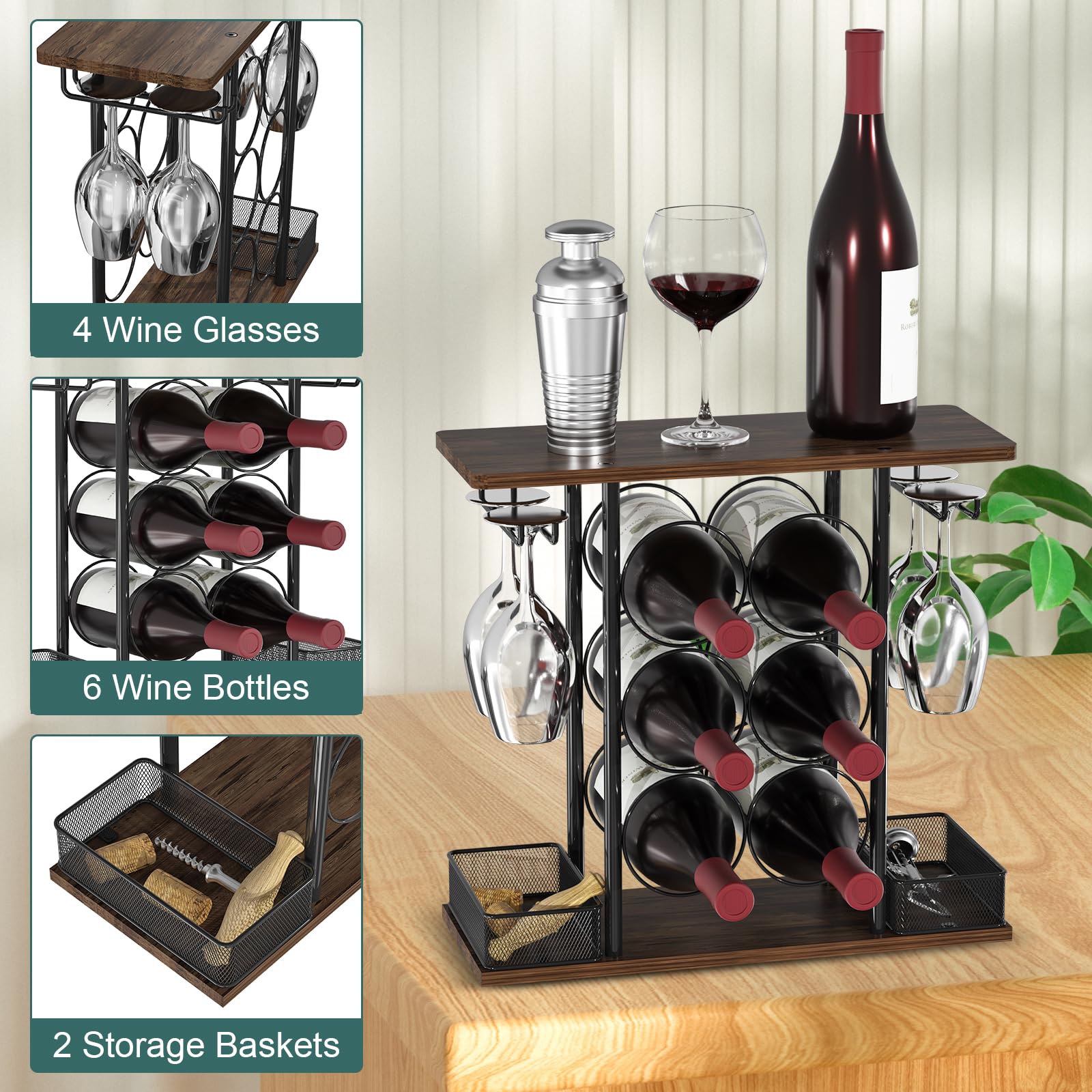 VyGrow Wine Rack, Sturdy Wine Racks Counertop, 3 Tier Wood Wine Bottle Holder, Easy Assembly Wine Holder for 6 Bottles and 4 Glasses for Home Kitchen Living Room, 16.14" L*6.29" W*15.82" H