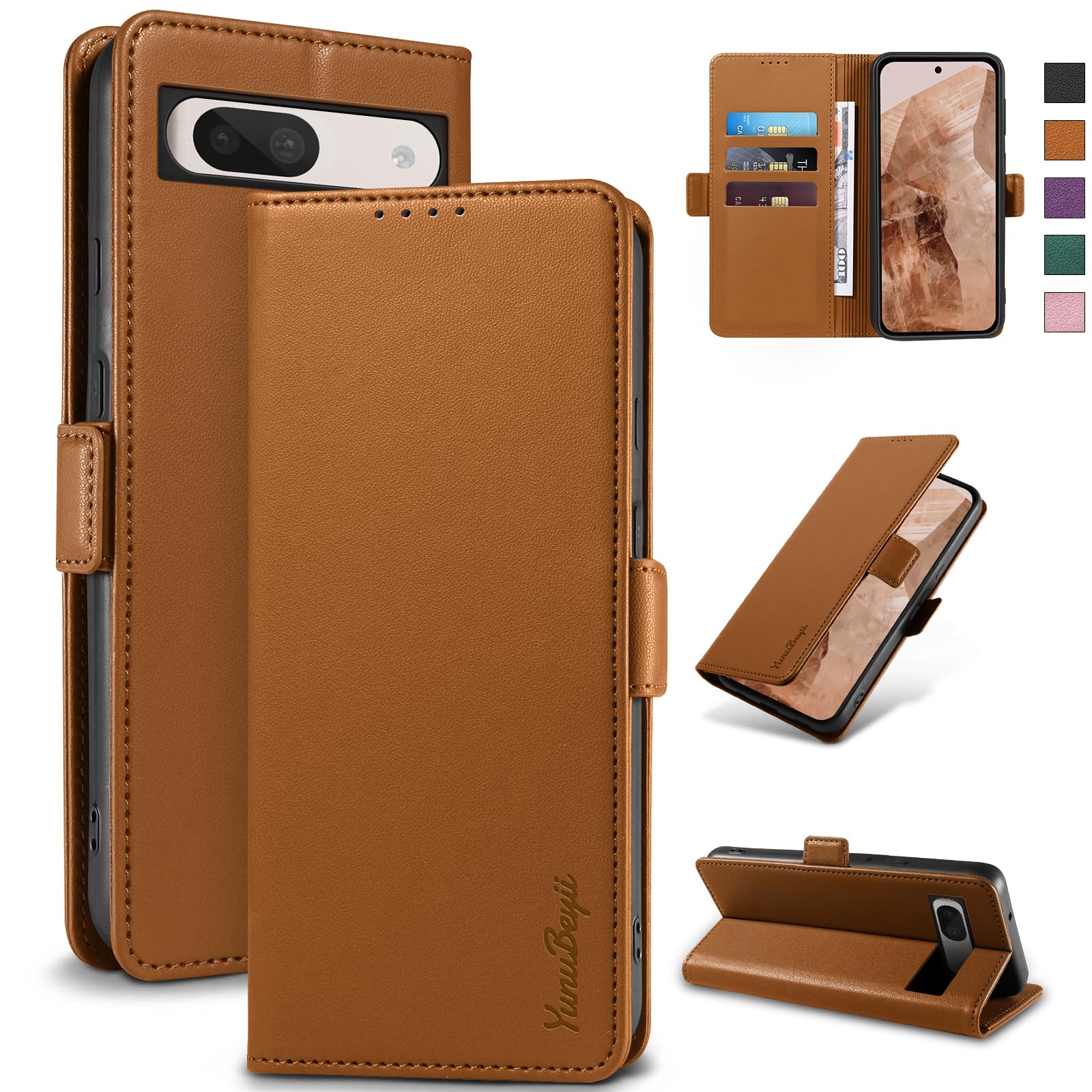 Wallet Flip Case for Google Pixel 8A - [RFID Blocking] Luxury PU Leather Card Holder Magnetic Phone Cover with Kickstand,Shockproof Protective Case,Brown