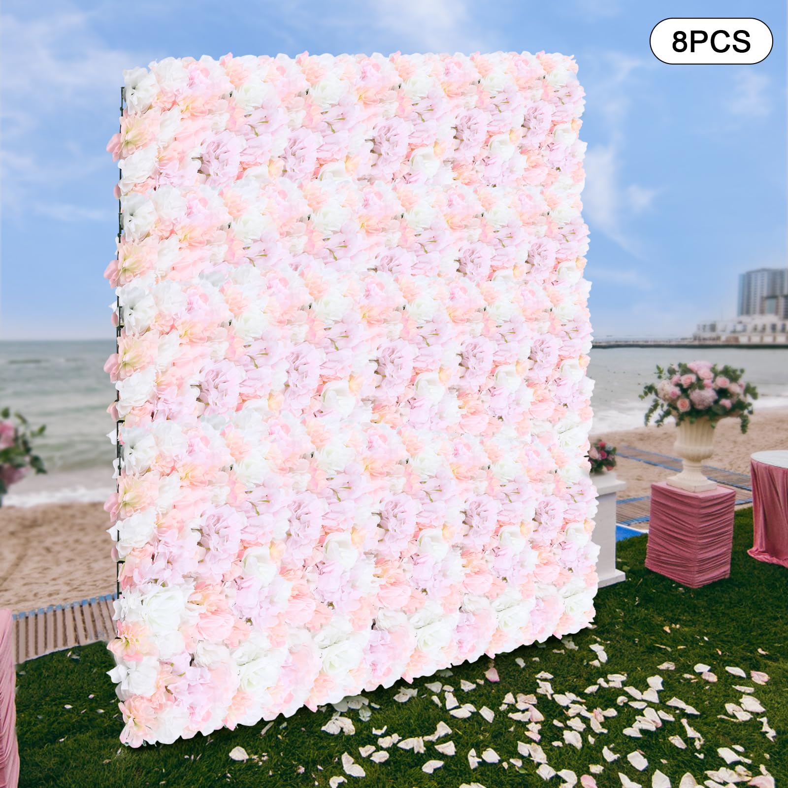 WooDerson 8 Stück Blumenwand Kunstblumen Rosa+Weiß 60x40cm Wandpaneel Mit Künstlichen Blumen Für DIY Hochzeit Party Festival Haus Garten Dekoration, Kunstblumen Deko