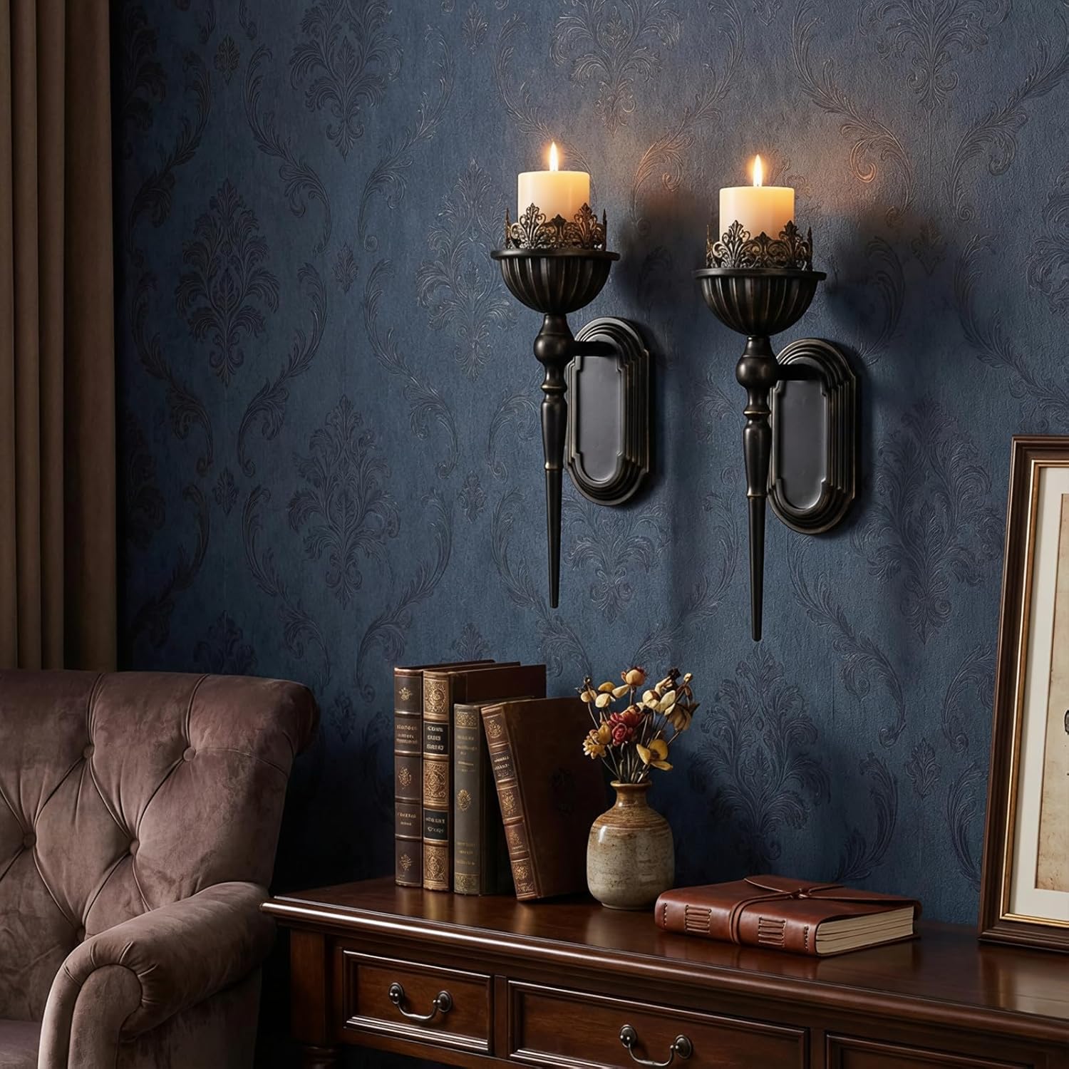 Wall Sconce Candle Holder Set, Gold Crown and Scepter Design, Iron Metal, 14.17x3.94x6.7 Inches, Wall-Mount, Modern Style, 2-Piece Set for Living Room, Bathroom, Dining Room