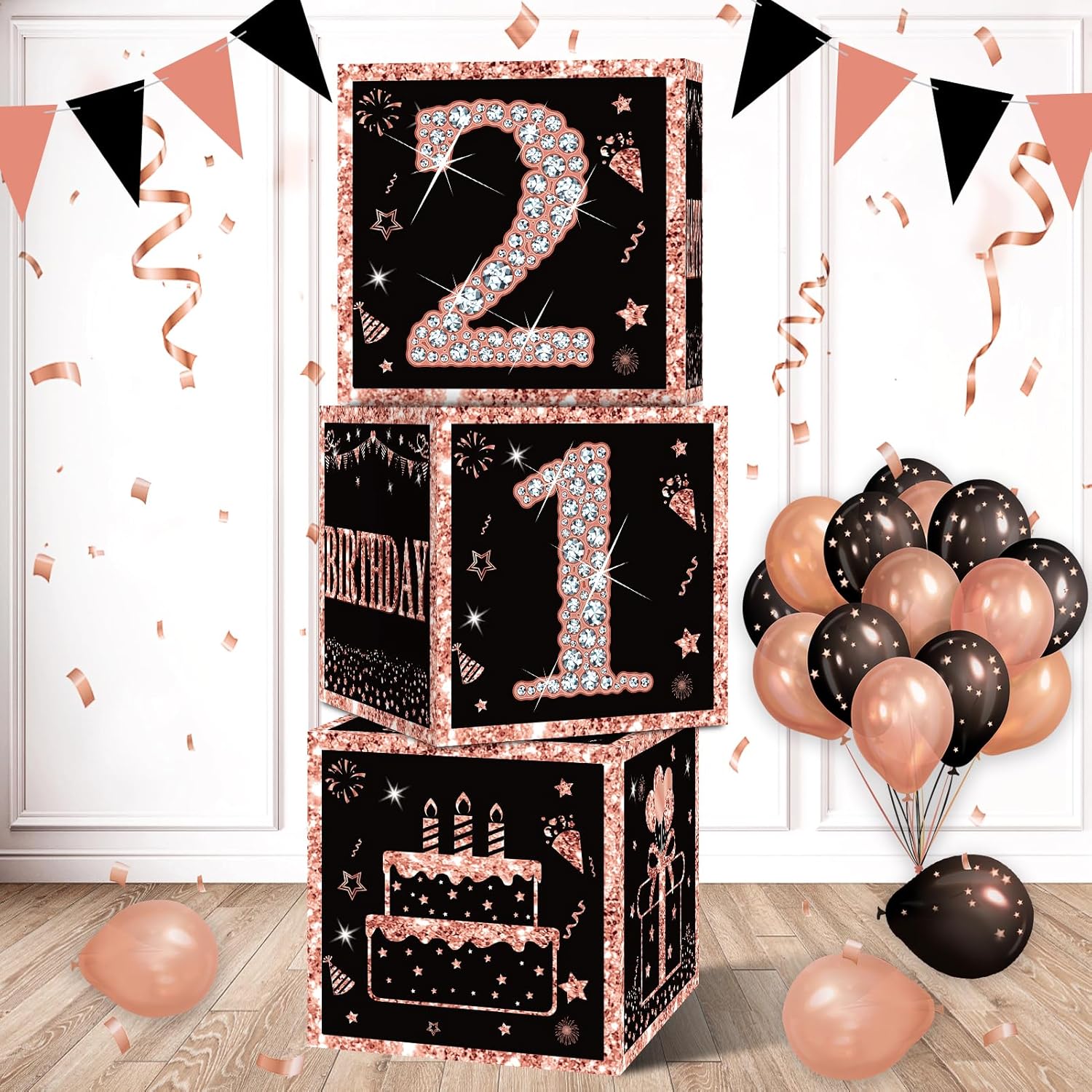 Eiurteao 3pcs 21st Birthday Decorations Boxes for Girls, Rose Gold Happy 21 Birthday Balloons Boxes Party Supplies, Twenty-one Bday Theme Cardboard Box Decor