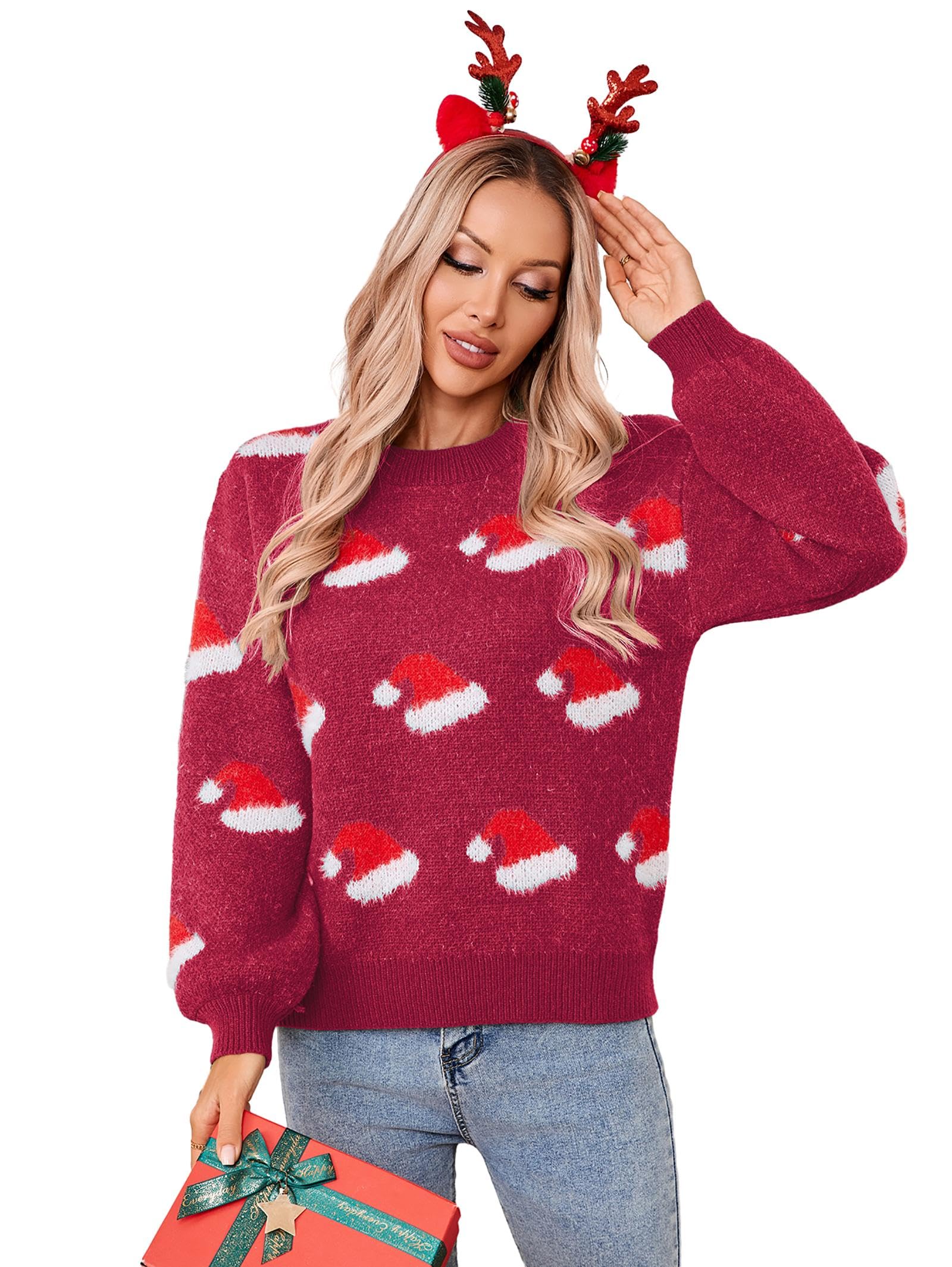 SunnyMelody Womens Cute Christmas Sweater Santa Hat Snowman Pattern Knit Pullovers 2025 Funny Holiday Party Ugly Xmas Tops