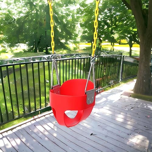 Miniatura 5 de Asiento de columpio para niño con respaldo alto y respaldo alto | Cadenas de columpio revestidas totalmente montadas | Juego de columpio rojo