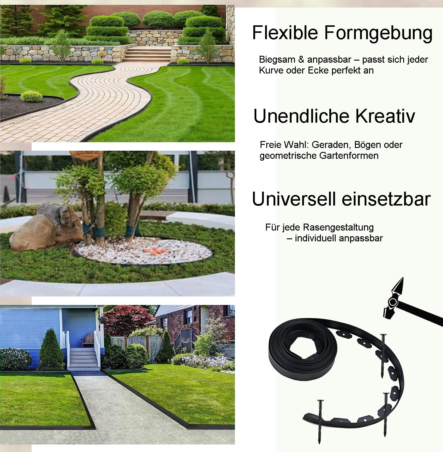 Bordillo para Césped Flexible de Plástico, Rejilla para Césped, Bordillo de Jardín para Delimitación, Jardín, Terraza y Parterres, 10m×5cm Alto con 30 Piquetes de Anclaje, Verde