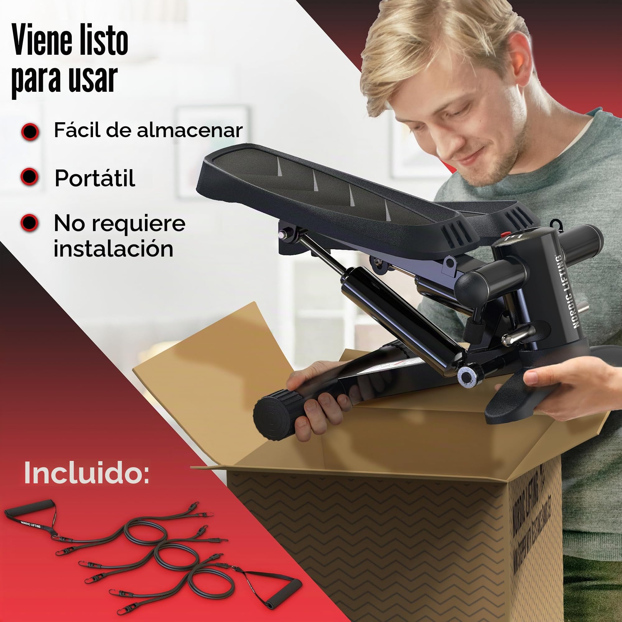 Mini Stepper y Máquina de Escalada Nordic Lifting – con Bandas de Resistencia y Pedales Antideslizantes – Estructura Resistente con Capacidad de Carga de 150 kg – Pantalla LCD