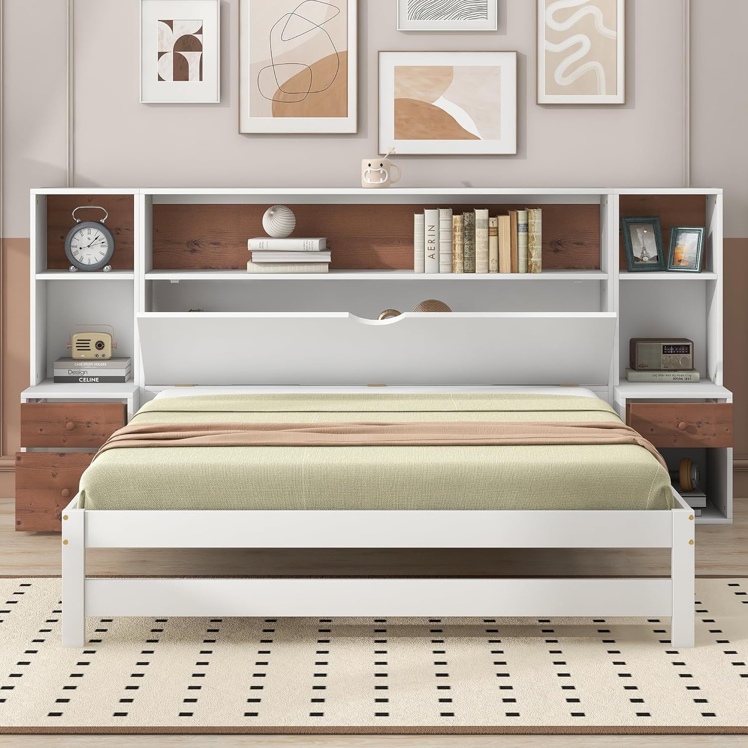 Full Bed Frame with Storage Headboard and Drawers, Wood