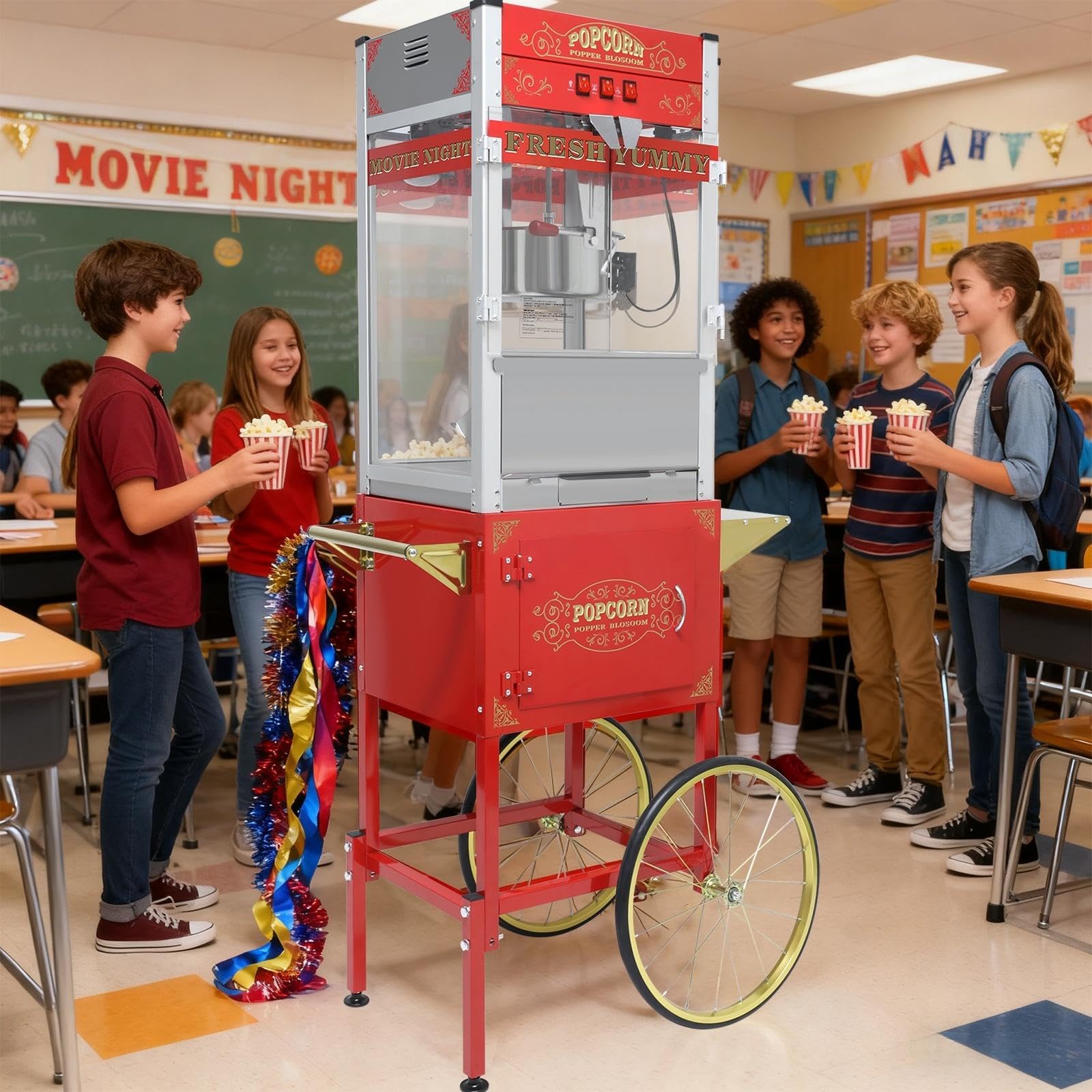 Commercial Popcorn Machine 32OZ with Cart - Stainless Steel Kettle Popper with Wheels, Warming Deck &amp; Tempered Glass, for Business, School, Corporate, Institutional, Theater, Home Use, Red