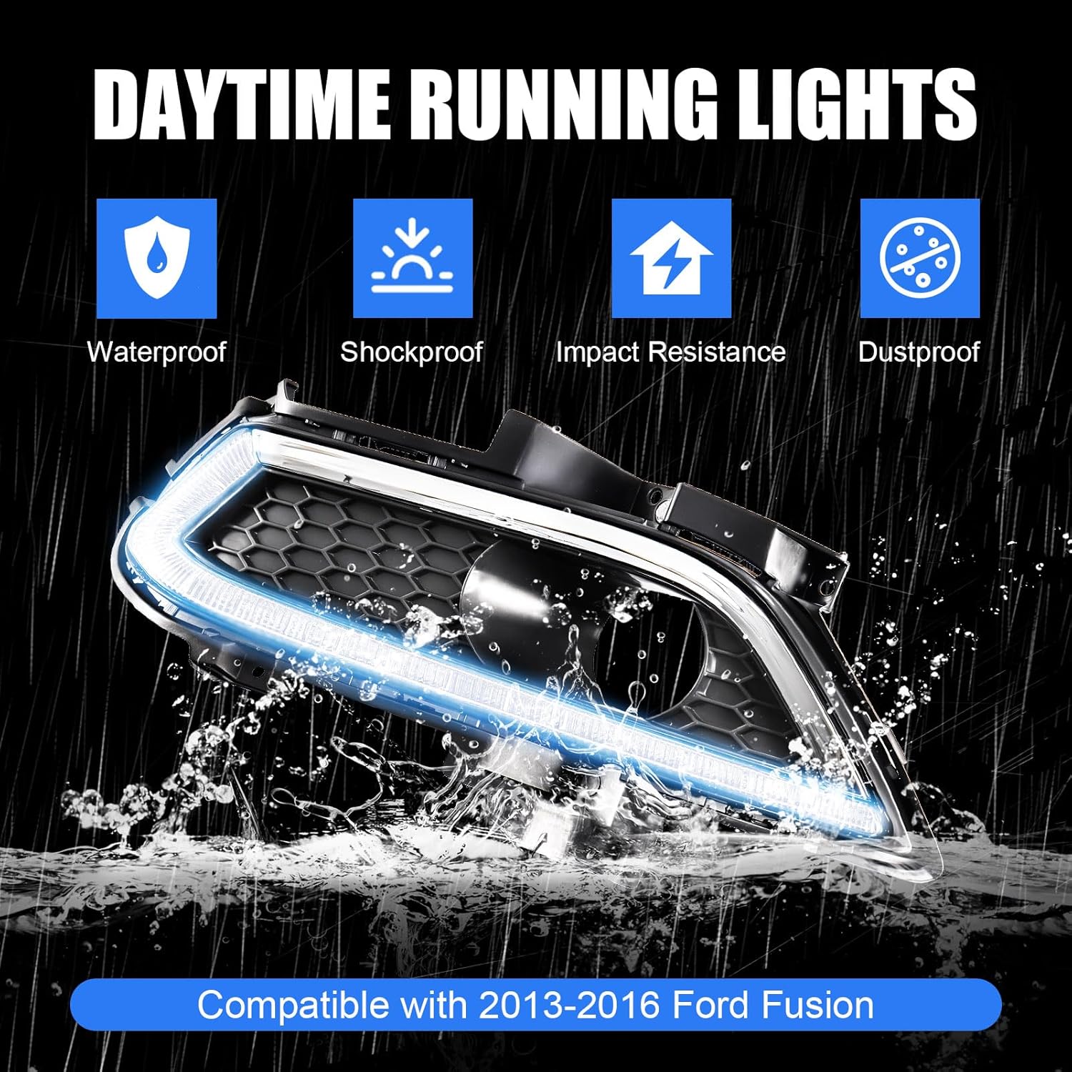 led front bumper fog lights white daytime running lights (drl) amber turn signal lights blue low beam lights compatible with 2013-2016 ford fusion style 3