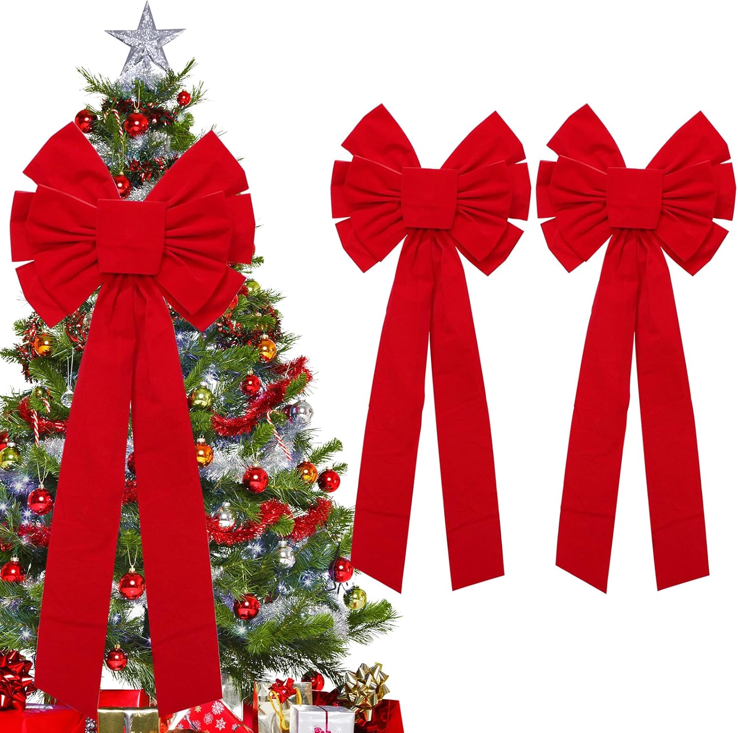 2 Pack Christmas Bows Decoration Large, 18”x35” Car Bow, Christmas Tree Bow Topper Red, Wreath Bow, Christmas Red Velvet Bows, for Xmas Home Front Door Patio Outdoor Decor (Red 4, 2 PCS) 2 PCS Red 4