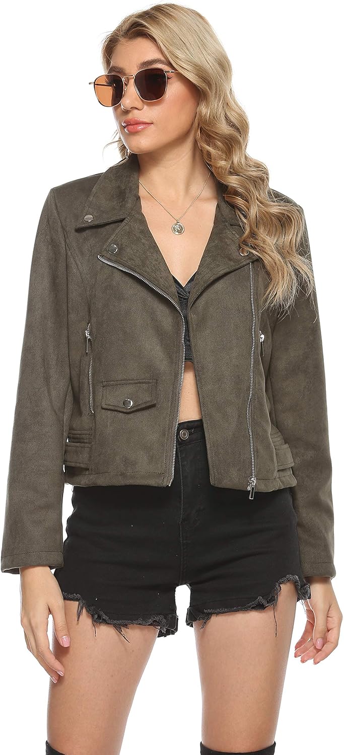 Tanming Women's Faux Leather Moto Biker Short Coat Jacket H Suede-armygreen Small