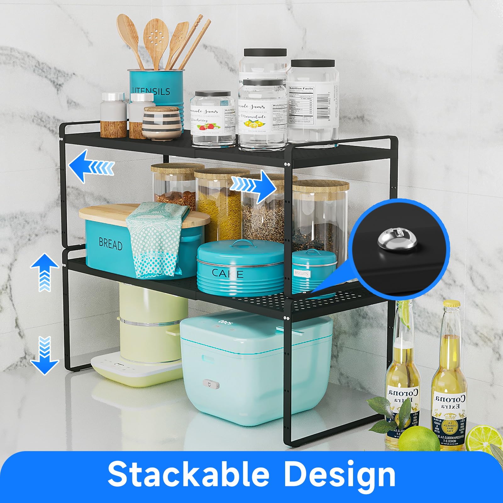 Erweiterbares stapelbares Regal, Theken-Organizer, Gewürzschrank, Speisekammer, Regal, Schrankständer, Aufbewahrungsregale, Badezimmer, Küche, Arbeitszimmer, Zubehör, 36,3 kg, strapazierfähig,