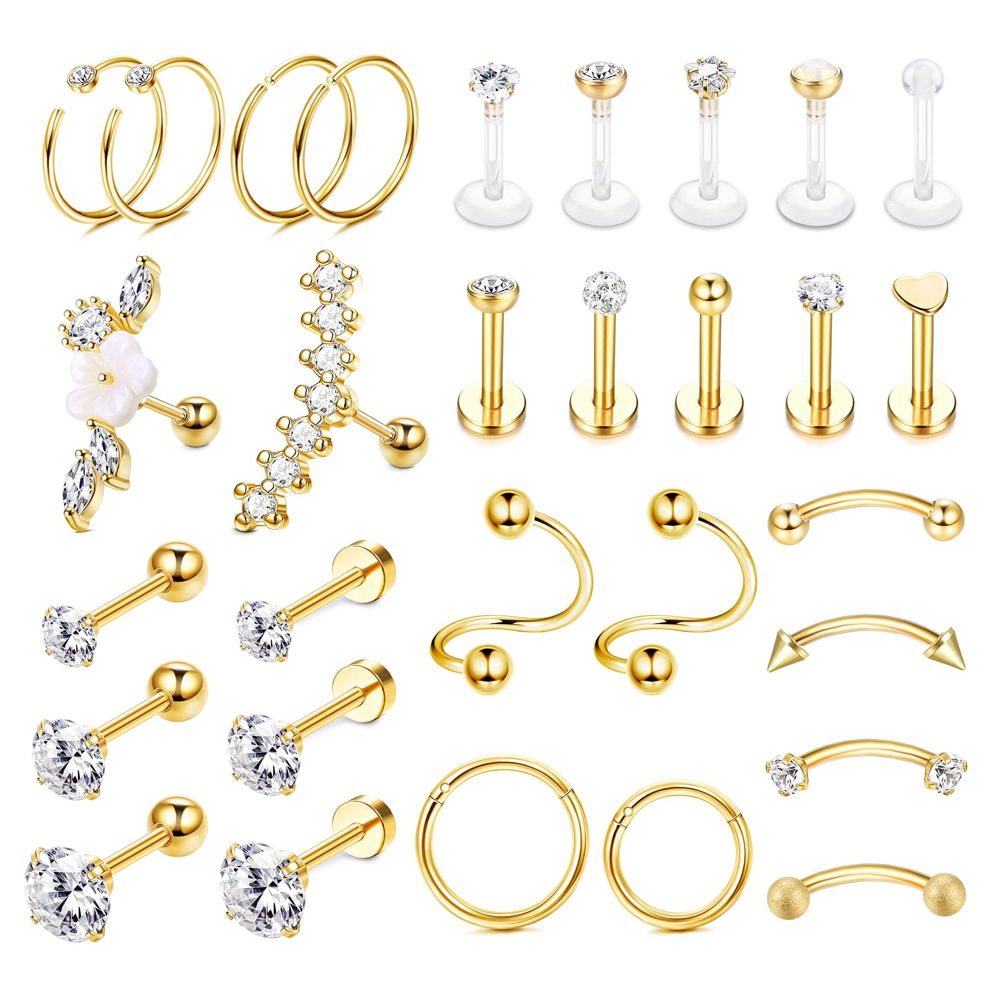 JeweBella 30 Piezas 16G Piercing Oreja Cartilago Acero Quirúrgico para Mujer Hombre Tragus Helix Piercing Pendientes Cartilago Piercing Labio Nariz Aro Conch Tragus Piercing Joyería
