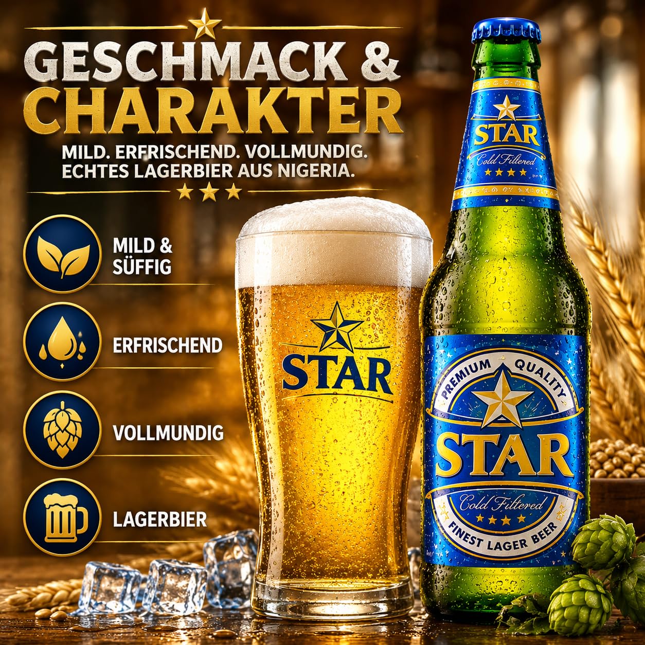 Star Bier Nigeria 12 x 450ml Flaschen Bier aus Afrika mit 5,1% Vol. Premium Lagerbier Importbier aus Nigeria Mild Würzig Vollmundig Exotisches Bierpaket für Bierliebhaber