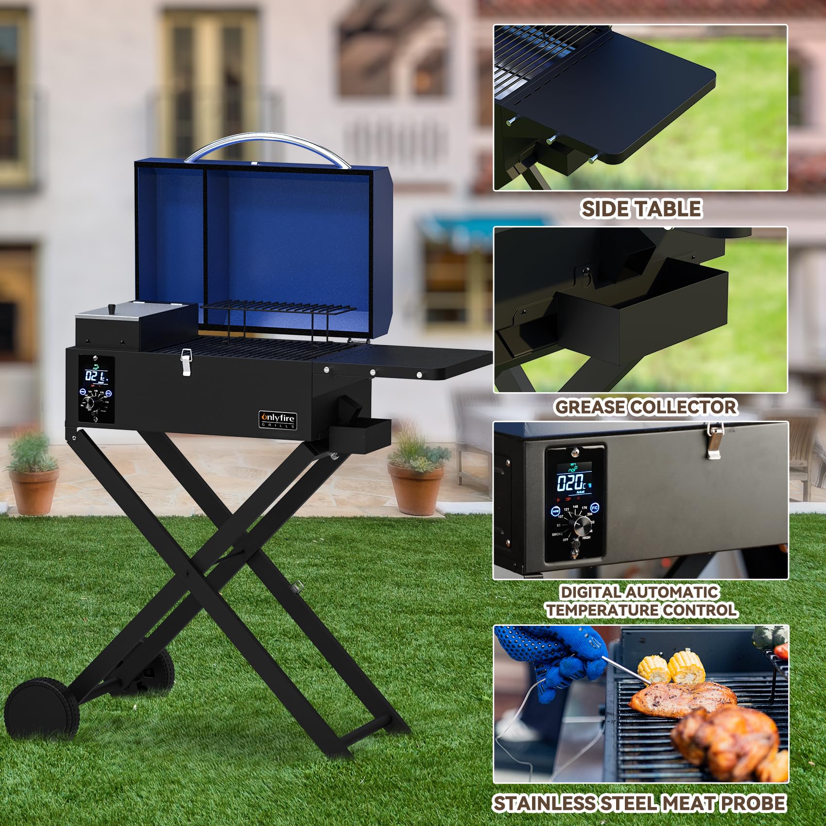 onlyfire Grill na pellet Smoker ze stolikiem pomocniczym i składanym wózkiem, wielofunkcyjny grill na pellet, wędzarnia z automatyczną regulacją temperatury i sondą do mięsa, grill na węgiel drzewny,