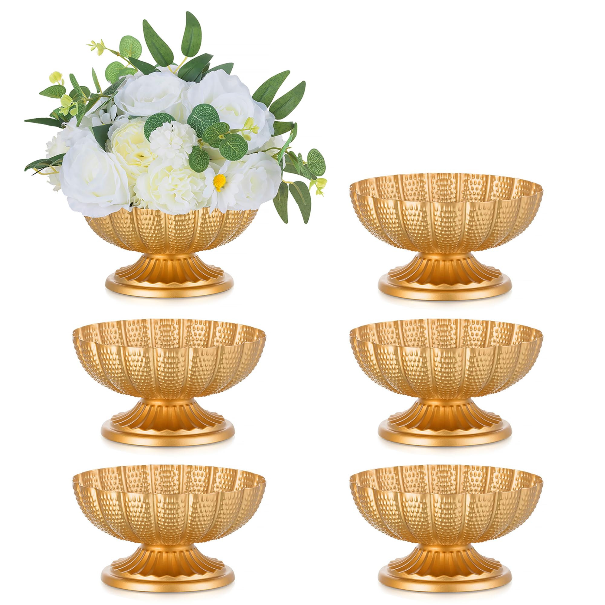Gold Metall Blumenvase für Tischdeko: 6 Stück Vintage Klein Vase | 9,5 cm Hoch, Schalenförmiges Design, Gehämmerte Oberfläche, für Hochzeit, Party, Weihnachten, Herbst, Mittelstück Deko