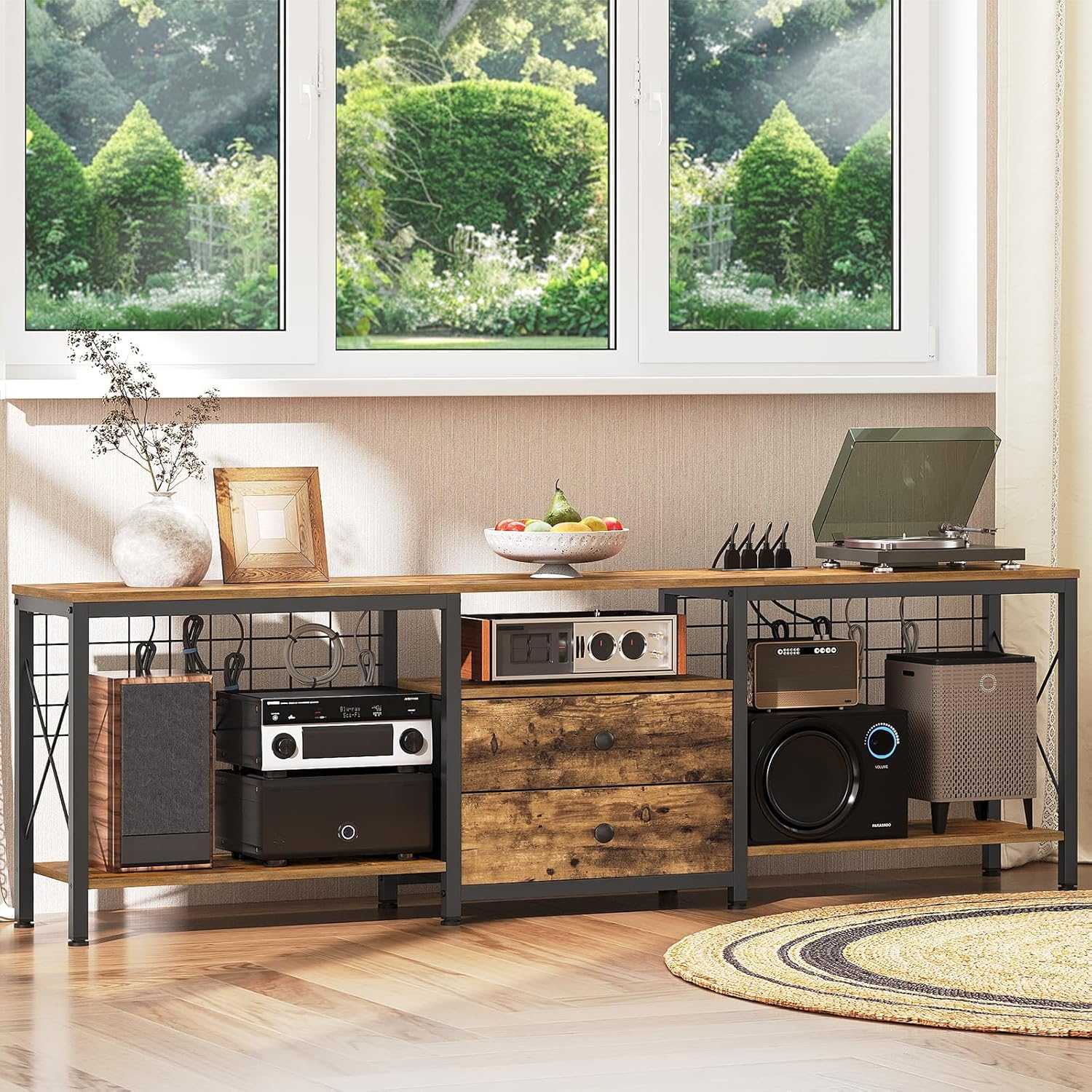 YATINEY TV Stand with Power Outlet Up to 75 Inch, Entertainment Center with 2 Fabric Drawers, TV Console Table with Open Storage Shelves for TVs, Cable Management, for Living Room, Bedroom, DS18UBRY1 - Image 4