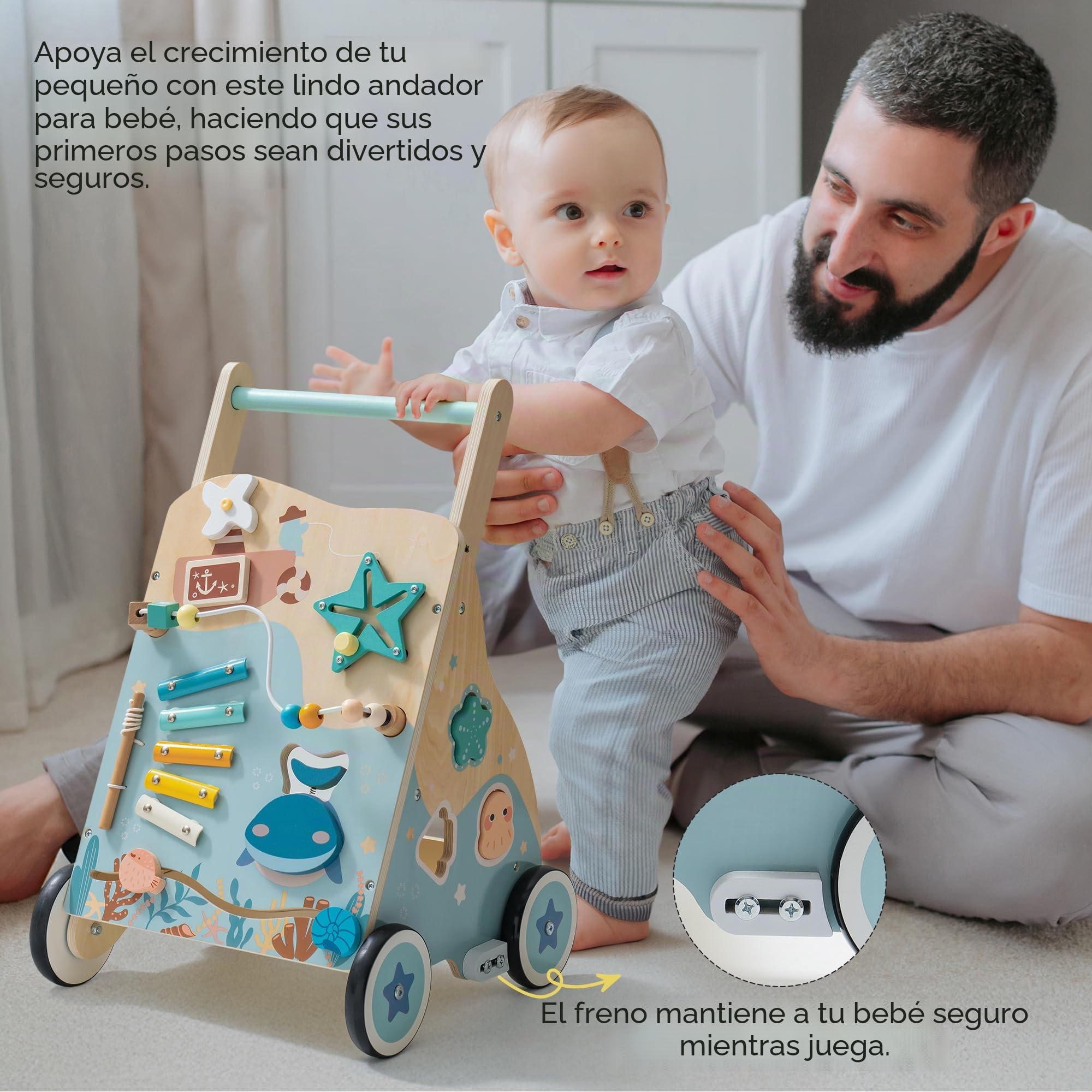 ROBUD Andador de madera, ayuda para aprender a andar, bebé Walker, tema marino