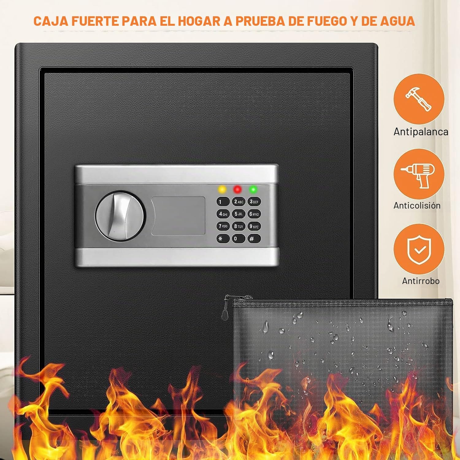 Caja de seguridad doméstica de 54L con bolsas ignífugas, Caja de seguridad secreta de hotel con cerradura de combinación con cerradura de tres pernos y estante removible 45x31x37cm VIHBRAI
