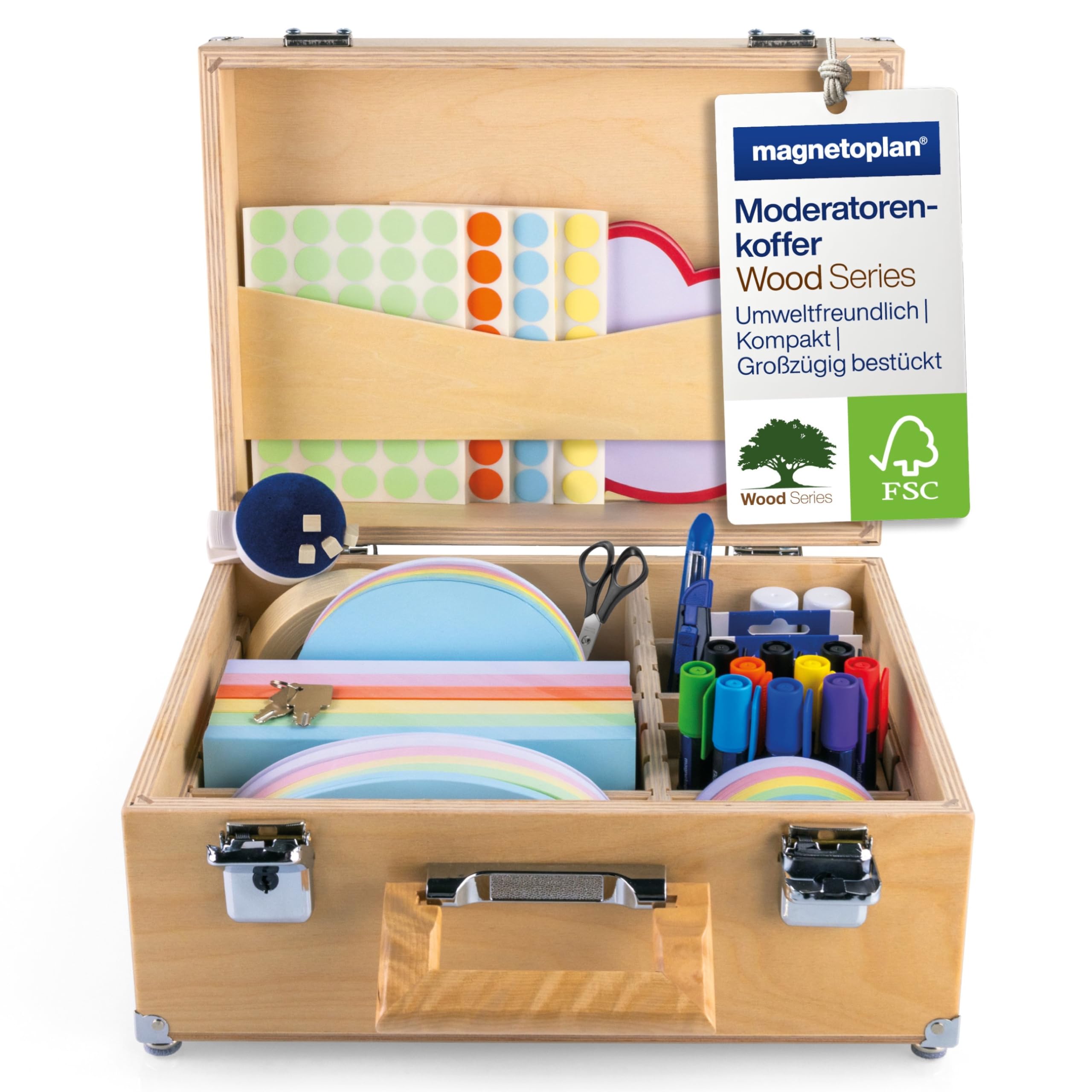 magnetoplan Moderatorenkoffer Wood Series | BxHxT 360x270x170 mm | Aus FSC-zertifiziertem Birkenholz | Mit 2400 Einzelteilen wie Whiteboard Stifte + Moderationskarten für Büro + Präsentation