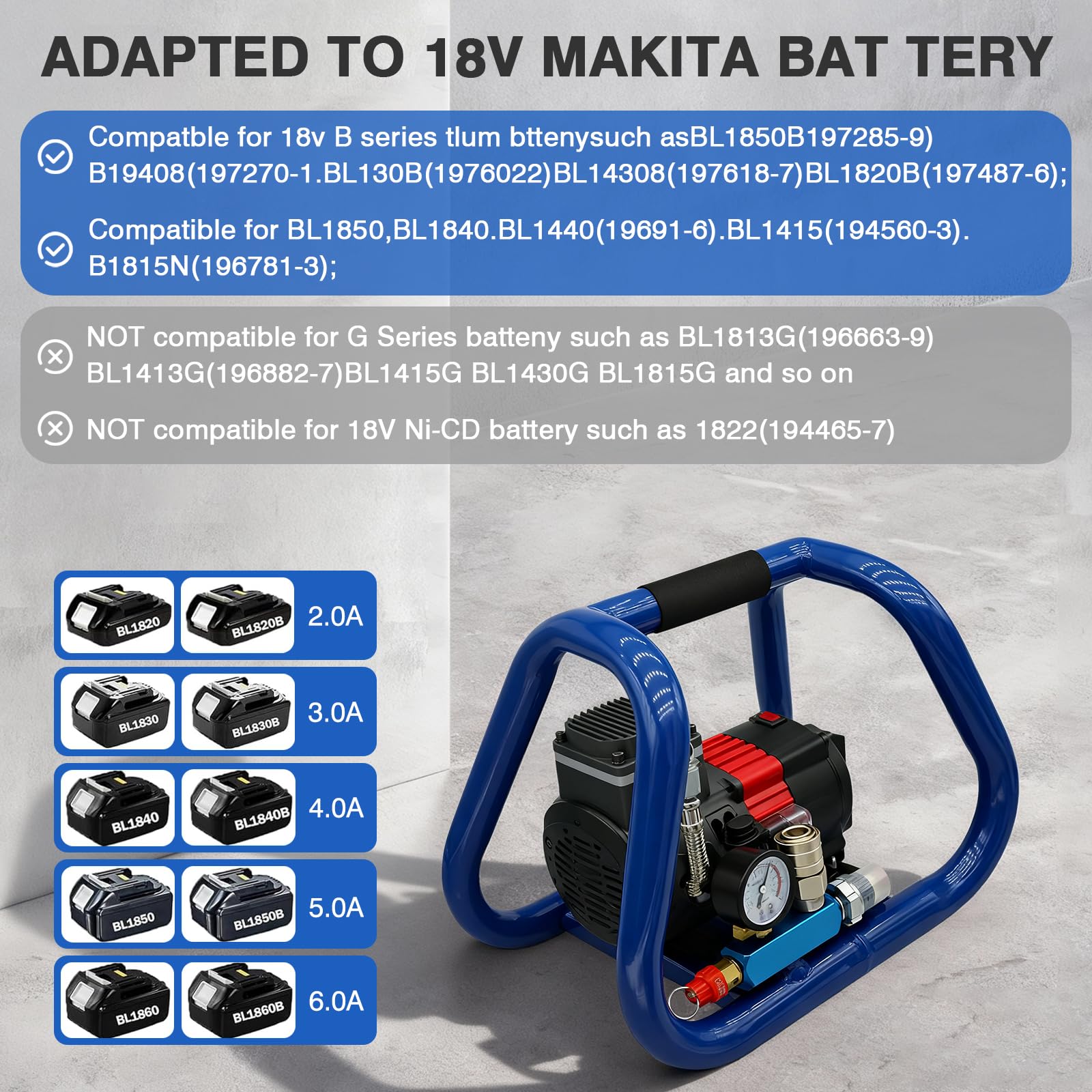Compresseur d'air comprimé sans fil compatible avec batterie Makita 18 V, compresseur d'air portable silencieux, compresseur d'air sans huile, pression maximale 8 bar, capacité de bouteille de gaz de
