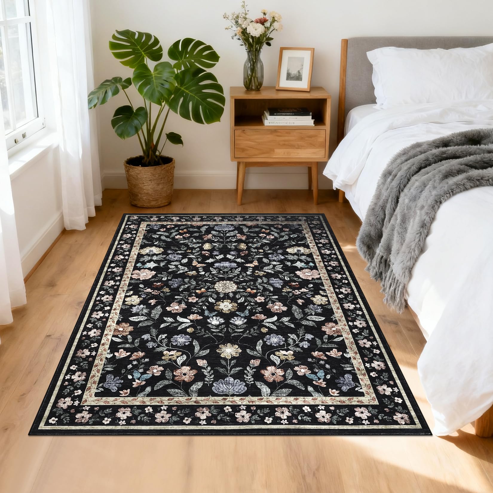 CAROMIO Black Floral Rug Bedroom 80 x 150 cm, Washable Bedside Area Rugs, Foldable Farmhouse Carpet for Kitchen, Non-Slip Indoor Floor Mat for Entrance Hallway — image 1