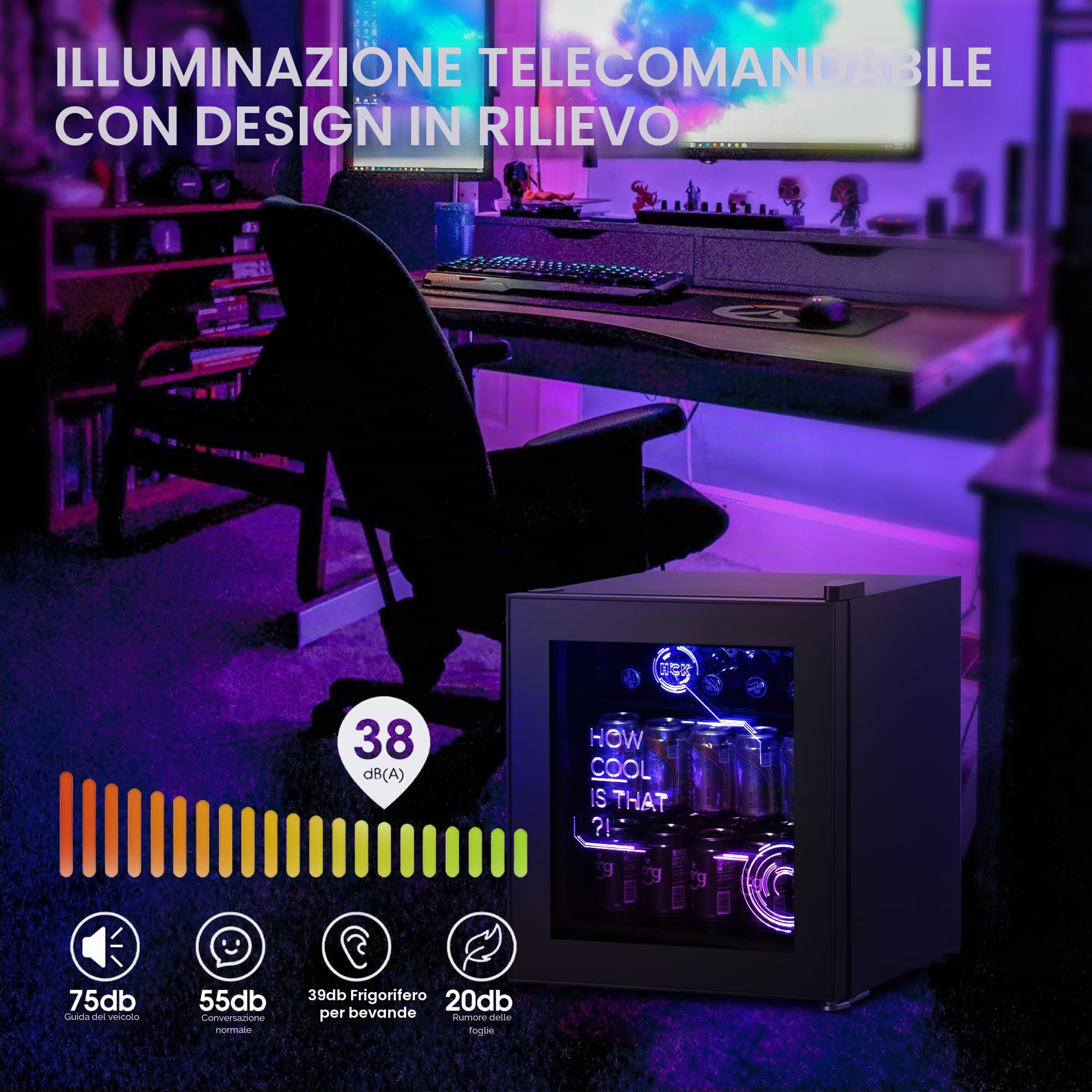 HCK Mini Frigo, Refrigeratore Bevande 48L, Frigorifero Piccolo con Illuminazione Moderna Cyberpunk, Mini frigorifero da 0 a 15°C, Porta a Vetro,per Sala Giochi, Festa, Nero