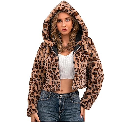Leopard Print Jacket Women Faux Fur Plus Size Hooded Long Sleeve Lapel Plain Sweatshirt Solid Crop Pullover Tops - Medium - 01 Brown