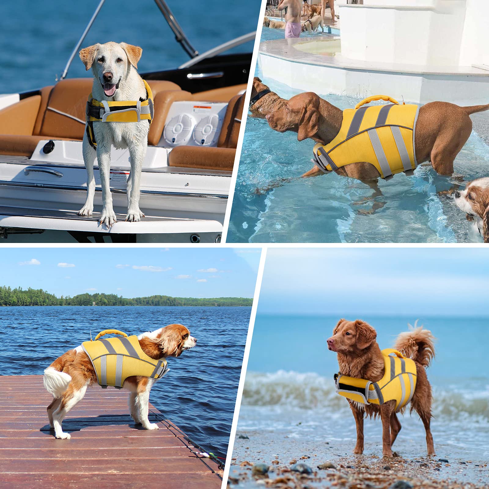 Kuoser Chaleco salvavidas para perros con rayas reflectantes, chaleco ajustable de alta visibilidad, salvavidas Ripstop, traje de baño de alta flotación para perros pequeños, medianos y grandes