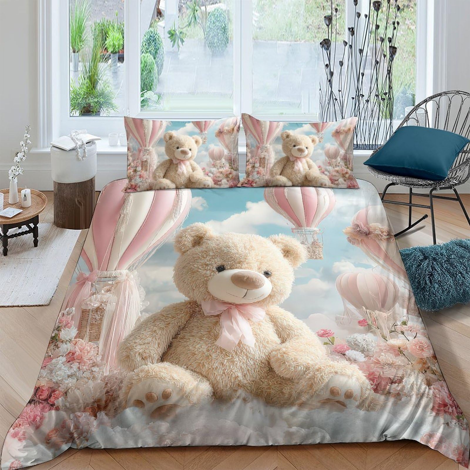 Ctjqhvkz Style-10 3D Printed Teddy Bear Hot Air Balloon Fitted Sheet Microfiber Soft Breathable Bed Cover For Bedroom Dorm Decor Single（135X200cm）