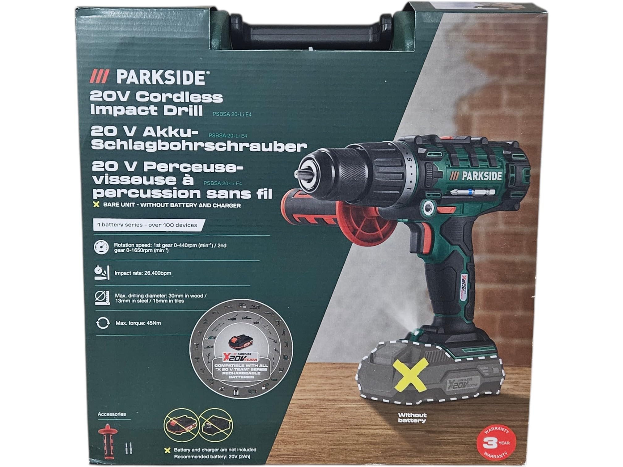 Parkside PSBSA 20-Li C3 - Taladro percutor inalámbrico (20 V, sin batería, sin cargador, sin juego de taladros)