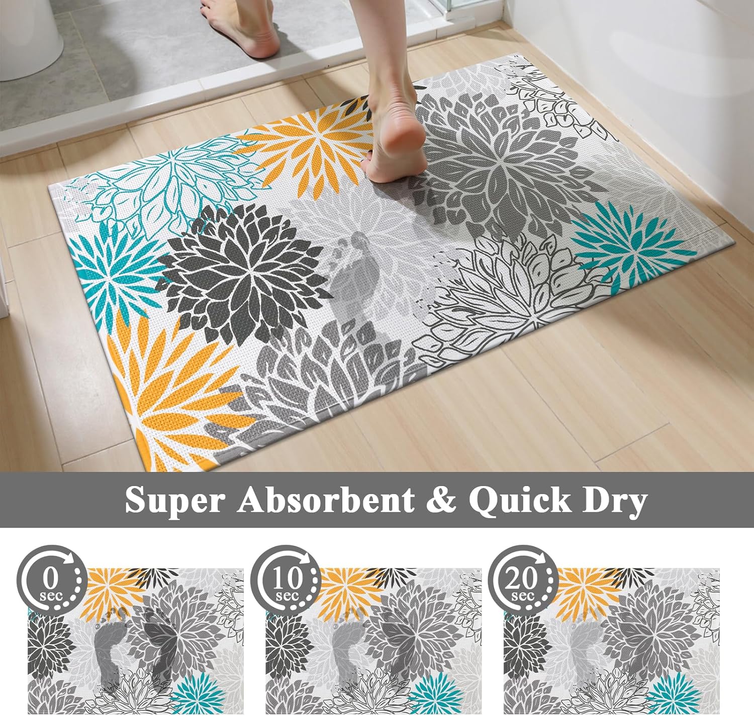 Vaukki Bathroom Rug Set 3 Piece, Non Slip Absorbent Rubber Backed Floral Bath Floor Mat Fit Under Door, Ultra Thin Quick Drying Bath Rug for Shower, Tub and Toilet, 17"x26"+17"x32"+17"x24"U, Grey