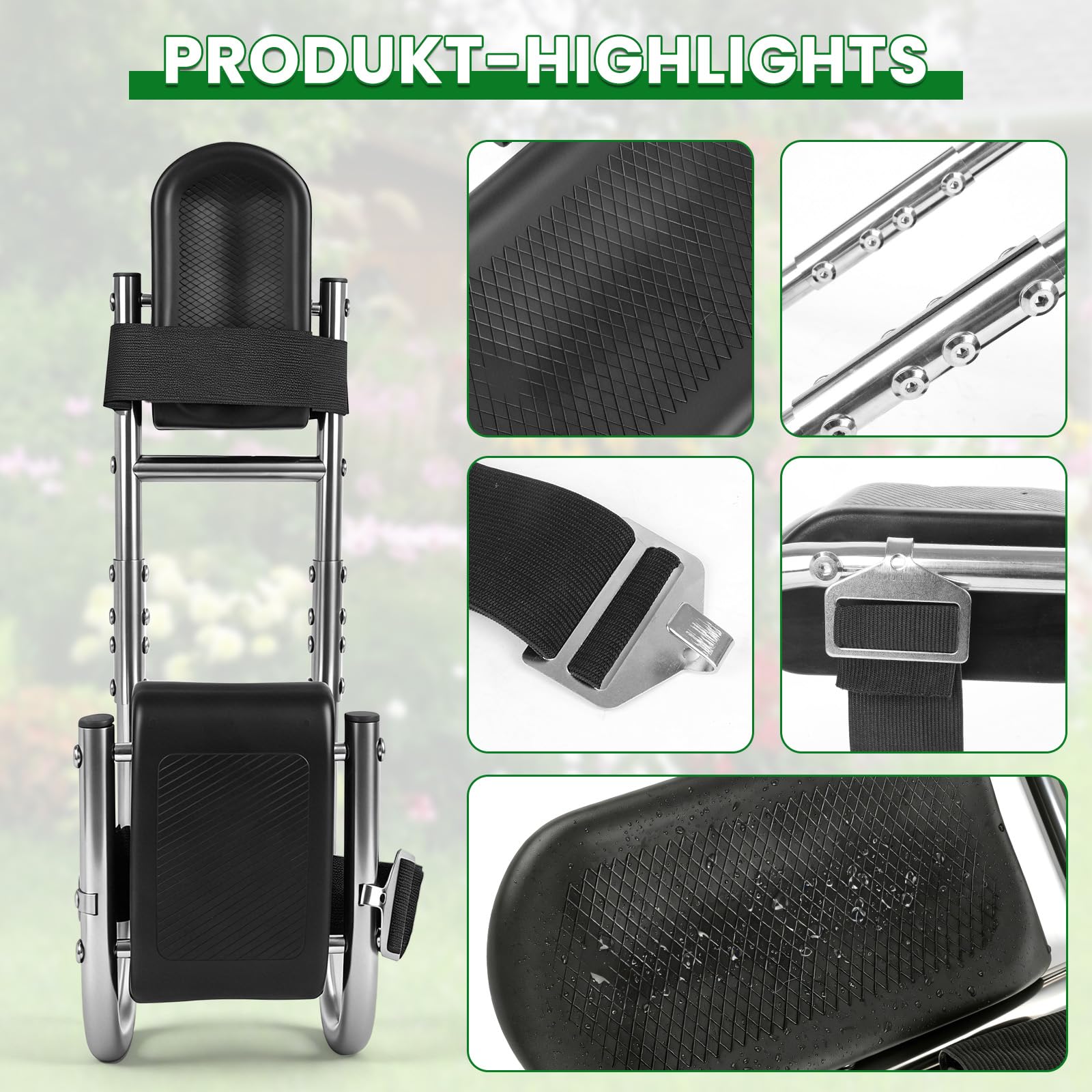 Rodillera para jardinería con función de asiento, comodidad para jardinería, soporte de rodilla ajustable, férula para piernas, 160 – 195 cm de altura, rodilleras en jardín, construcción y