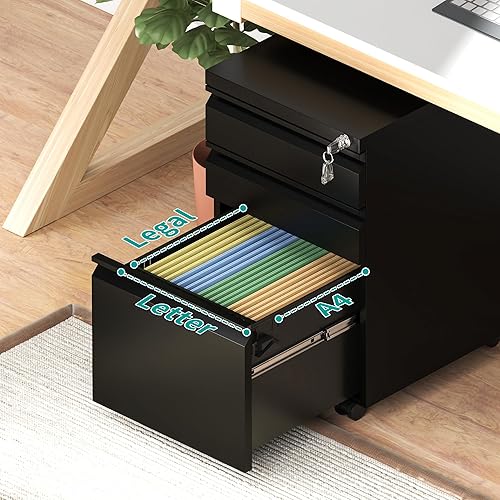 Miniatura 5 de Archivador móvil de 3 cajones, archivadores verticales con cerradura y ruedas, archivador de metal completamente montado debajo del escritorio para