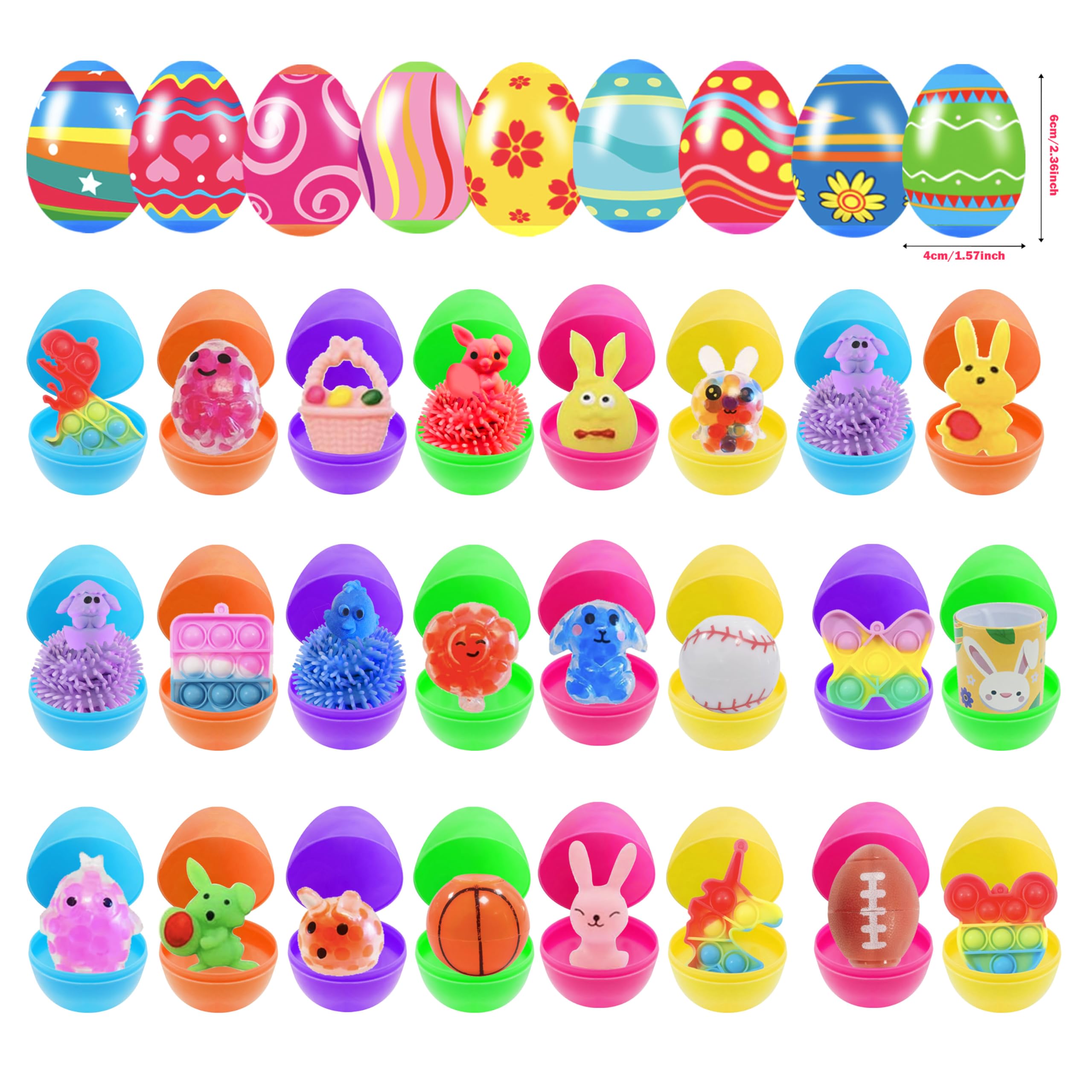 36 Pack Prefilled Easter Eggs with Fidget Toys Bright Colorful Easter Eggs Prefilled with Variety Easter Stress Toys Inside Great for Kids Toddler Easter Basket Stuffers Eggs Fillers Party Favors
