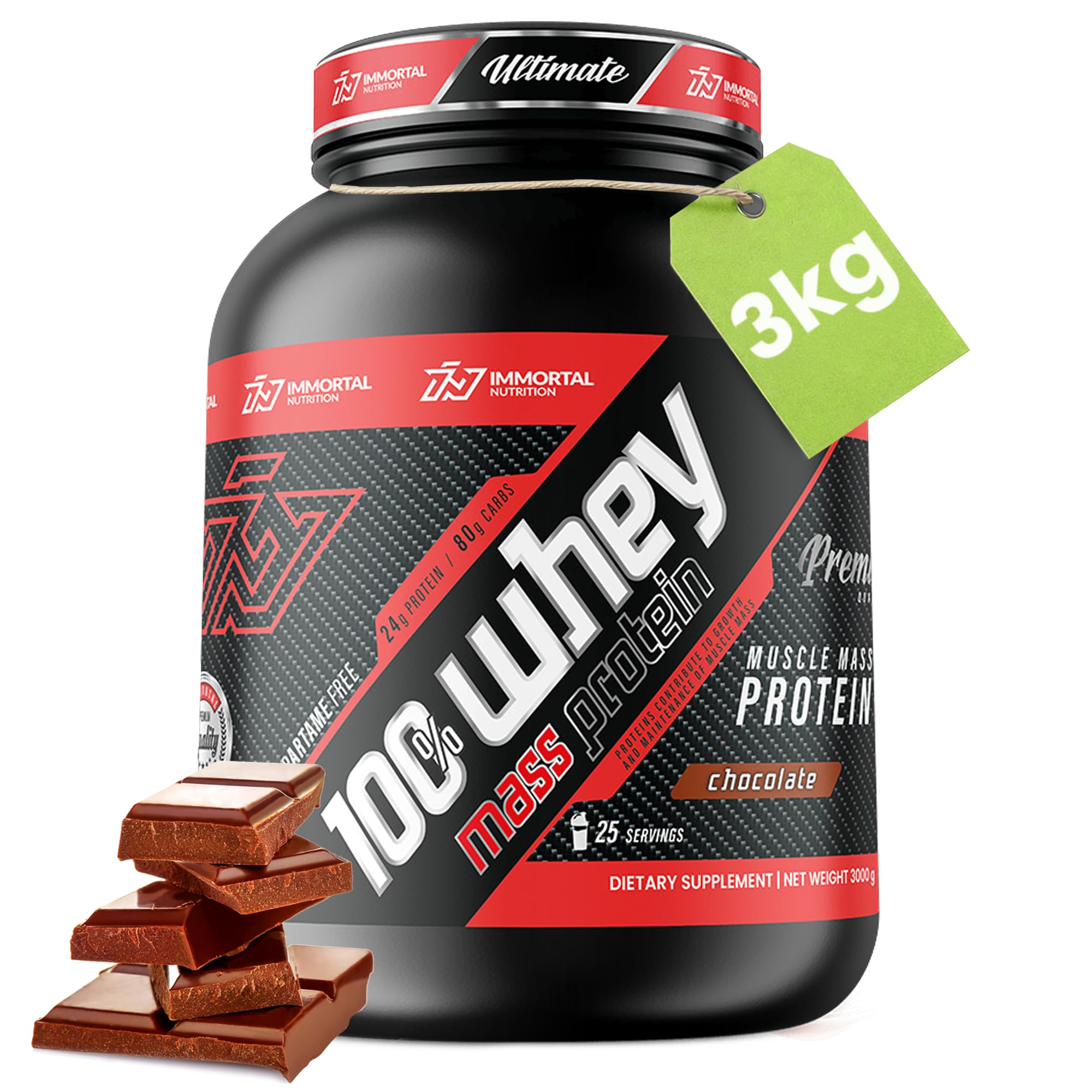 IMMORTAL NUTRITION Whey Mass Protein - Weight Gainer z koncentratem białka serwatkowego - 24 g białka i 80 g węglowodanów na porcję - Mass Gainer w proszku (3 kg, Czekolada)
