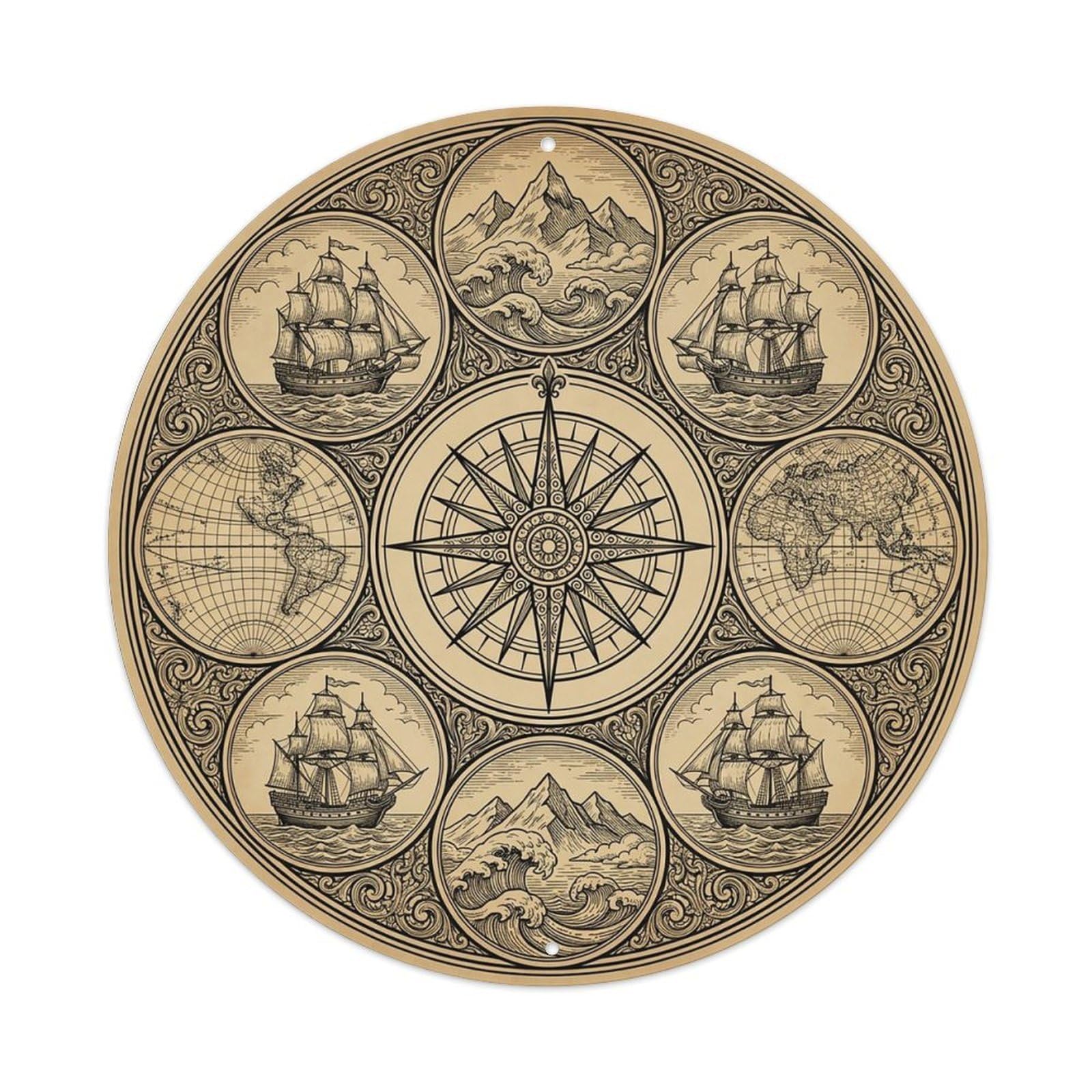 Vintage Nautical Compass World Map Naval Heritage Metal Tin Sign