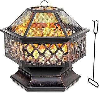 Garden Fire Pit Outdoor Heater Garden Log Burner Large Fire Pits Firebowls Grill Cover Square Barbecue/fire-Pit Bowl Table Set Shelf Camping Brazier Mesh Lid Grate 63 x 61cm