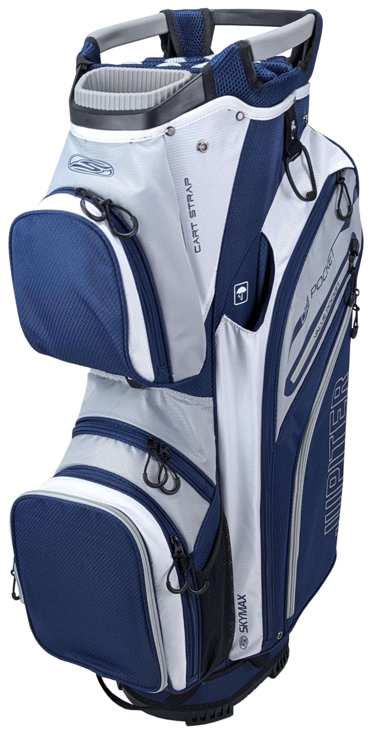 Skymax Jupiter Rain Dry Cart Bag Navy/White/Grey – Waterproof Golf Trolley Bag with 14 Way Divider, Cooler Pocket & Rain Hood