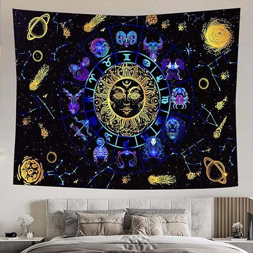 WONDERFUL MEMORIES Trippy Sun and Moon Tapestry Constellation Tapestry Zodiac Astrology Tapestry Wall Hanging for Bedroom (51.2 x 59.1 inches),