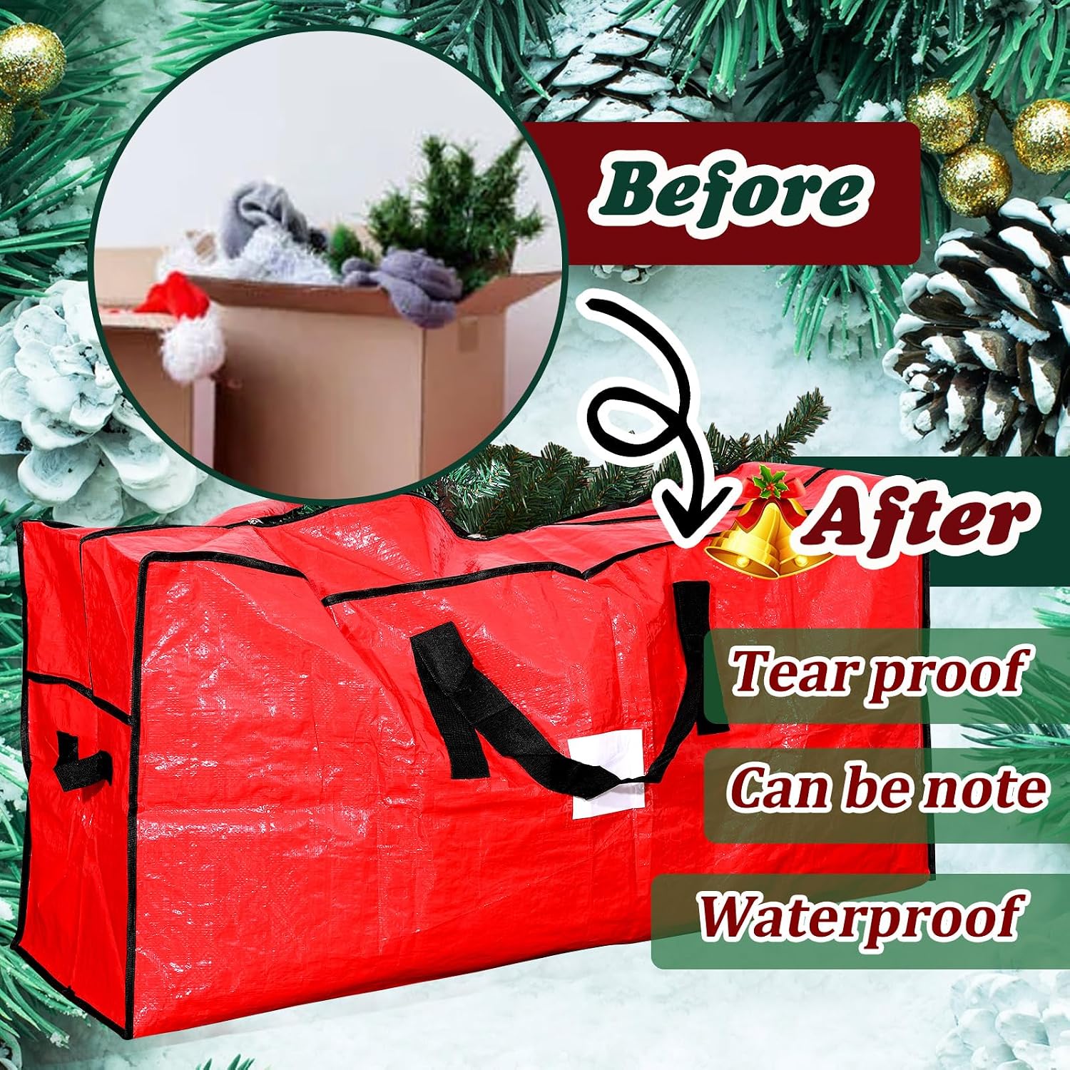 Amylove 4 Pcs Large Christmas Tree Storage Bags Heavy Duty Xmas Zippered Bags Bulk Waterproof Plastic Christmas Tree Container with Carry Handles(9 ft,Red)