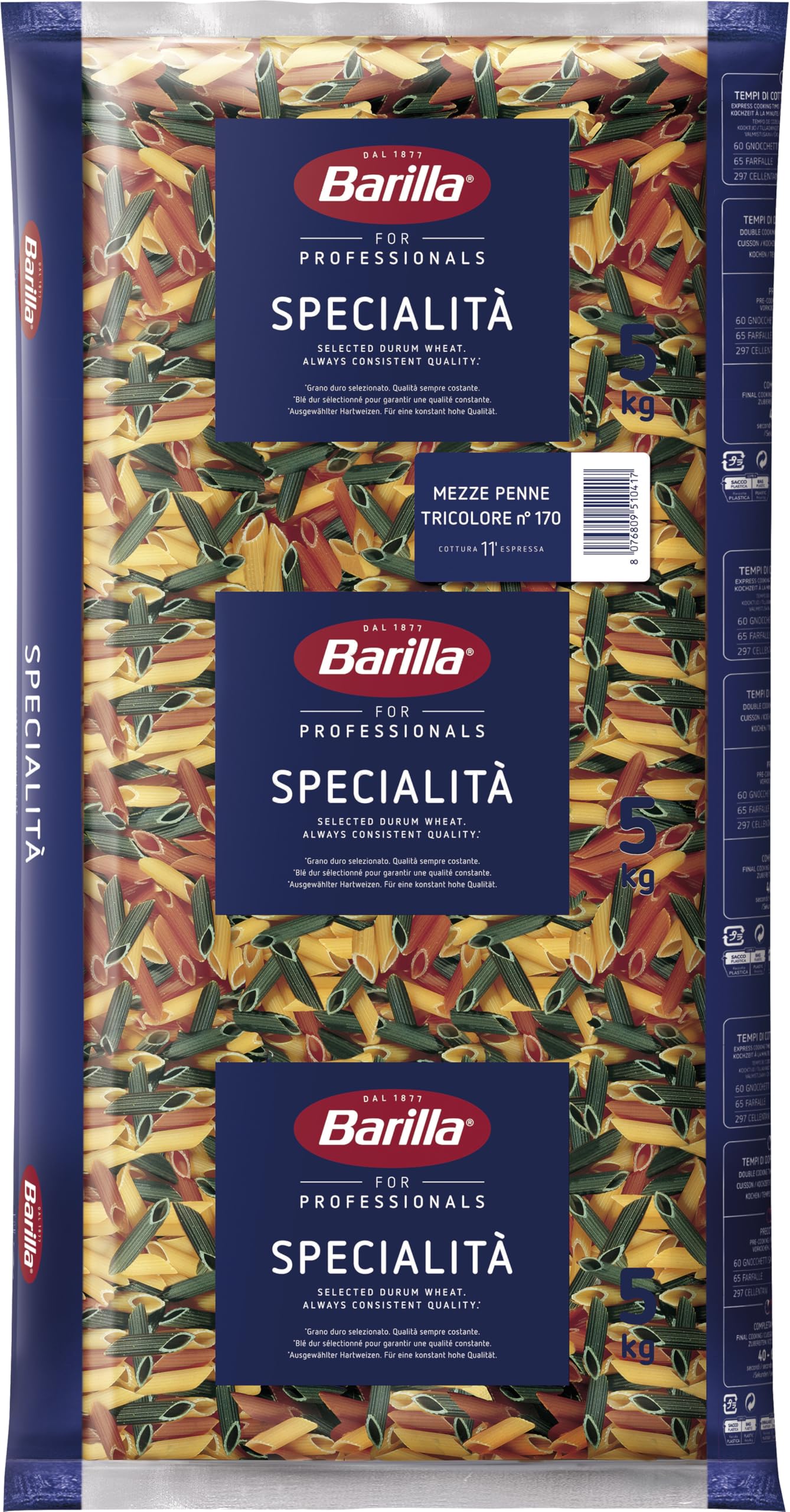 Barilla Pszenica pasta Mezze Penne Tricolori n. 78 – 1 opakowanie kolorowego makaronu (1 x 5 kg)